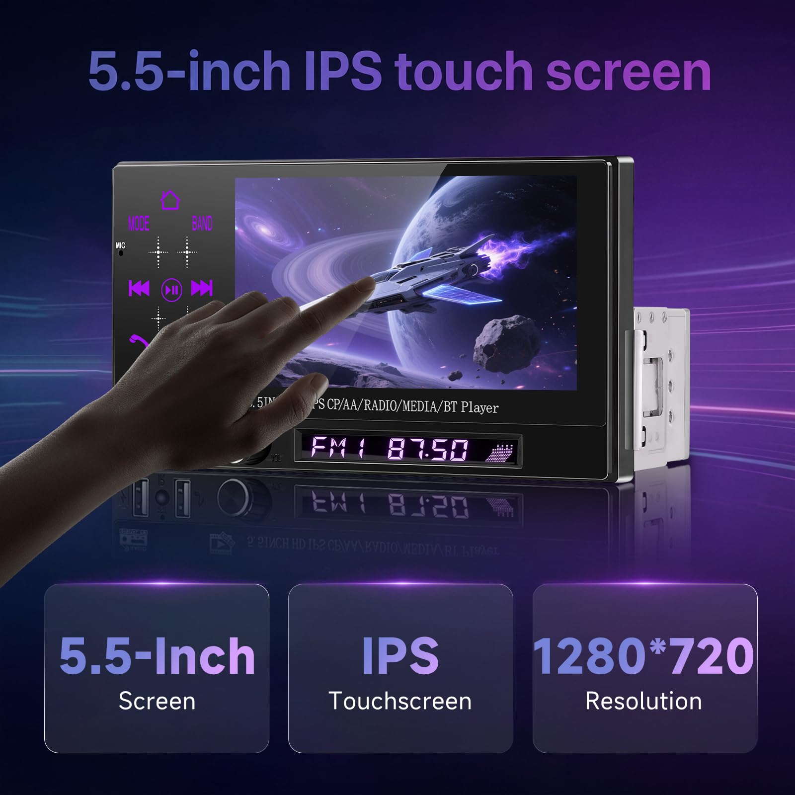 Hodozzy Autoradio 1 Din avec CarPlay Android Auto Sans Fil, Ecran Tactile IPS 5,5 Pouces Poste Radio Voiture avec Bluetooth, Radio FM, EQ, Lien Miroir, SWC, 2 USB, Rétroéclairage Coloré+ Caméra et MIC