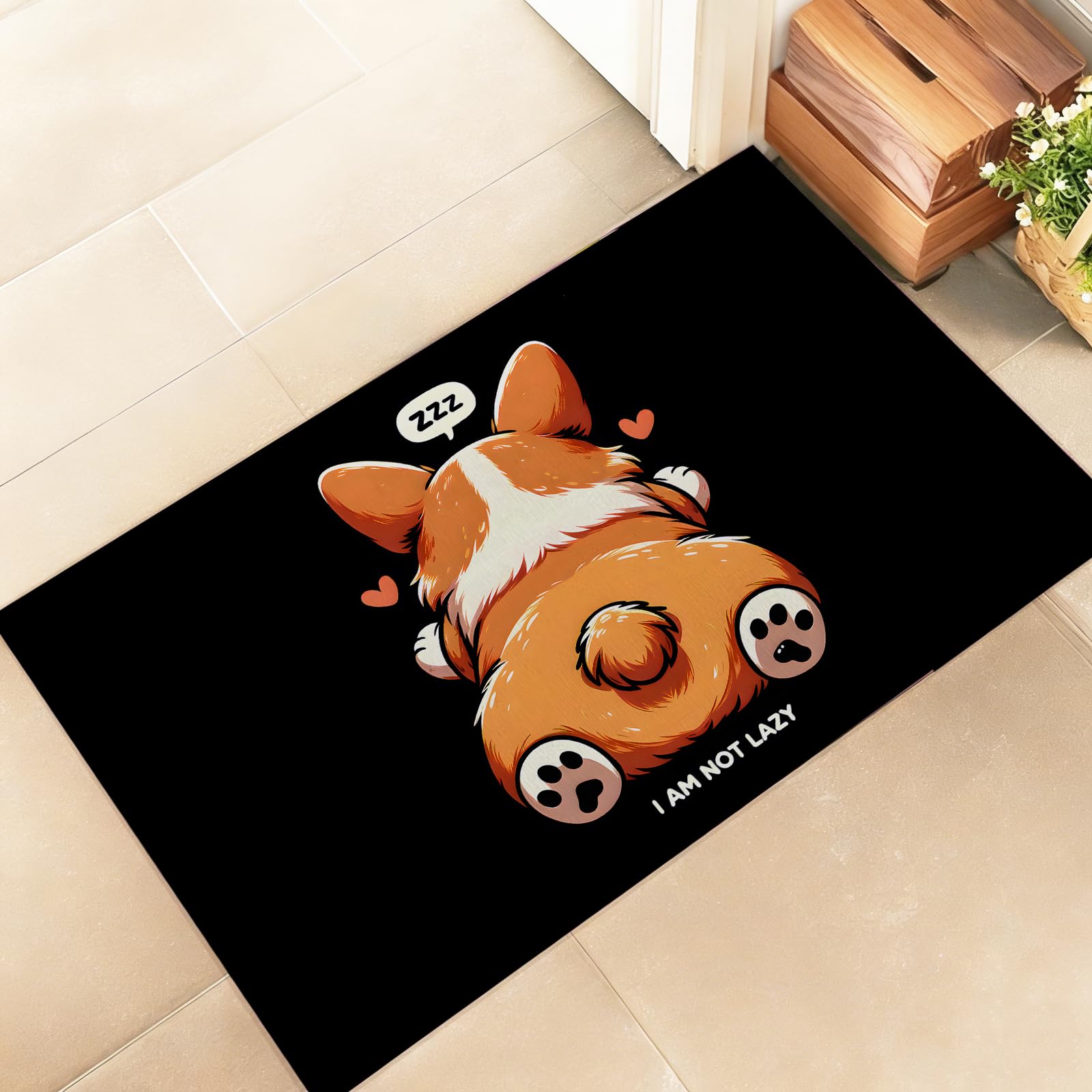 amepay Cute Corgi Indoor Door Mat – Stylish 17x29.5in Non-Woven Fabric Floor Doormat with Sleeping Dog Butt Design,Puppy Black Doormats,for Porch