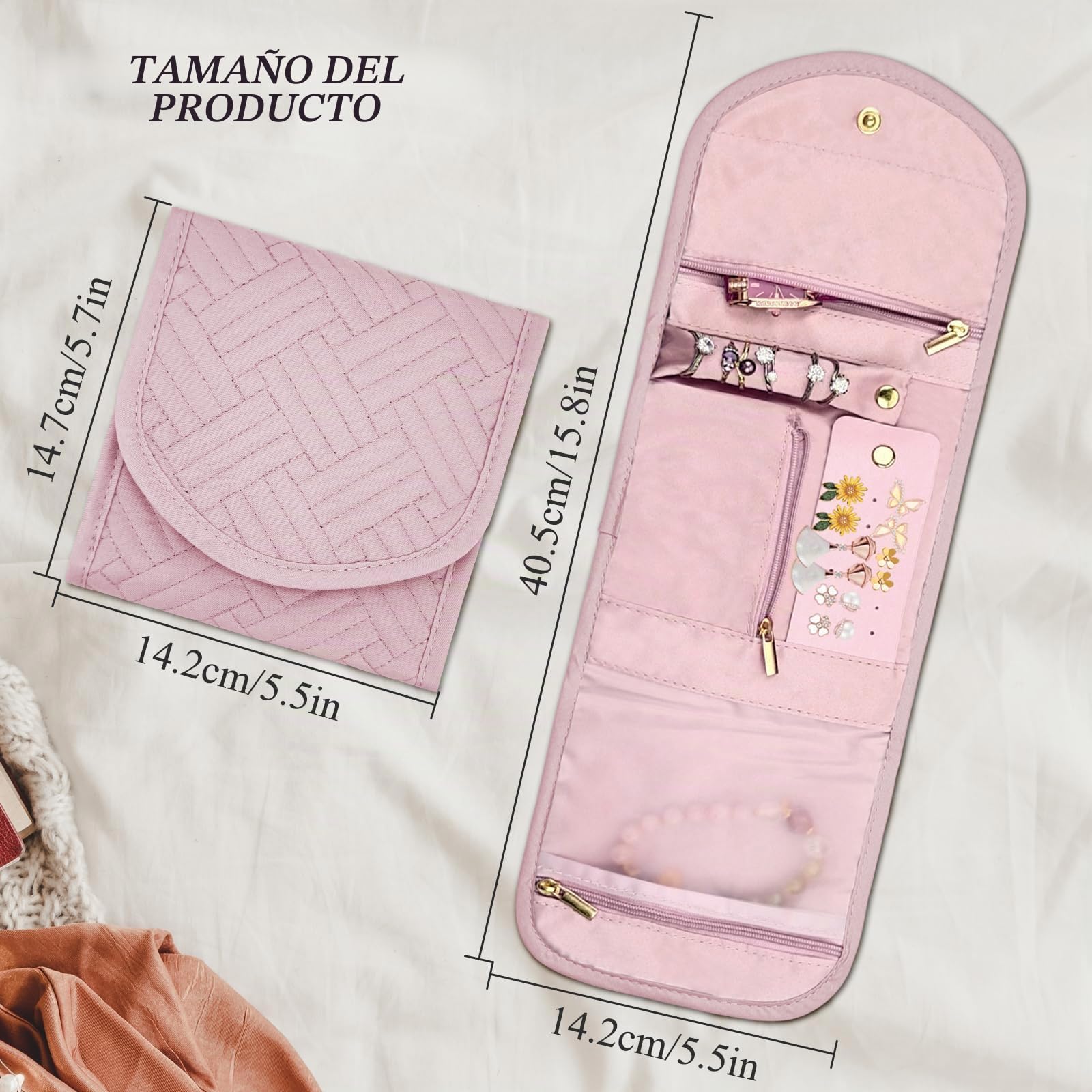 AfitLulu Joyero Mujer Bolsa Organizadora de Joyas, Portátil Joyero Viaje Plegable para Niñas y Mujeres, Bolsa de Almacenamiento de Joyas para Anillos, Pendientes, Collares, Pulseras (Rosa)