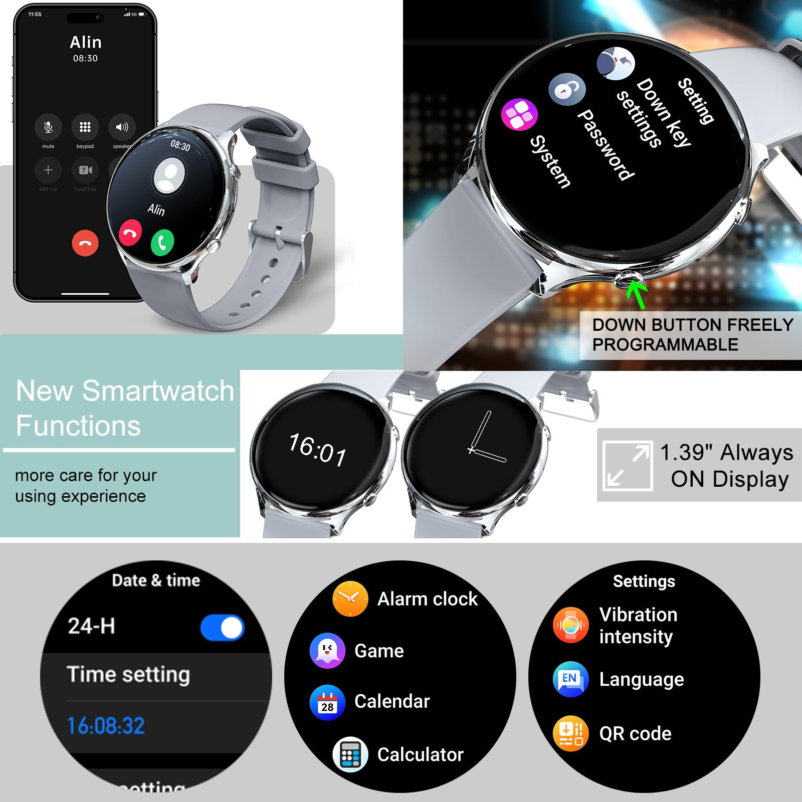 Relojes Inteligentes Mujer Hombre,1.39' Smartwatch Redondo con Hacer y Contestar Llamada,Monitoreo de Sueño,Podómetro,SpO2,120 Modos Deporte,Pulsera Fitness Plata para Android iOS