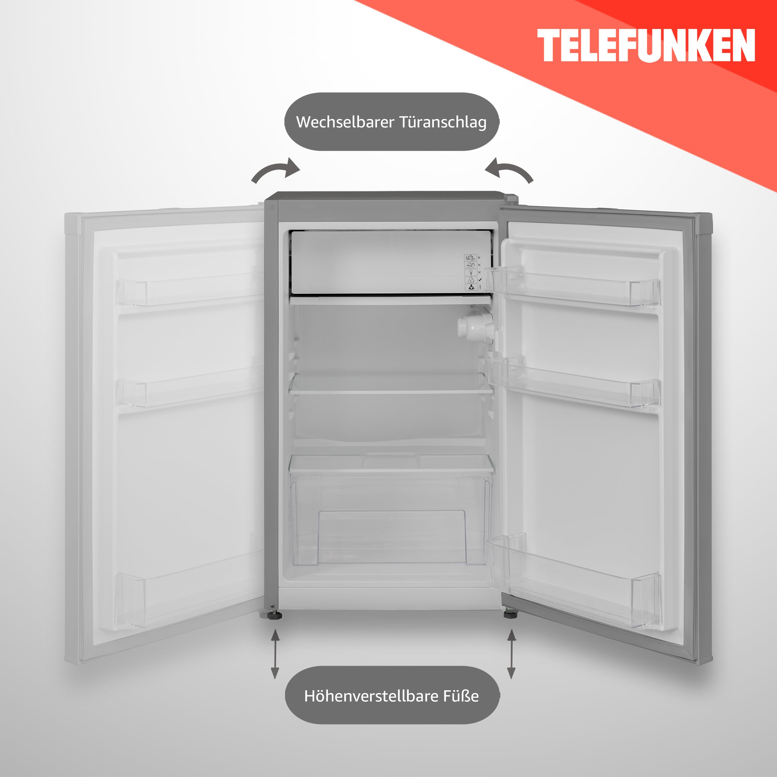 TELEFUNKEN Kühlschrank mit Gefrierfach (nur für Eiswürfel) | Freistehend | 89 Liter Nutzinhalt | Kühlschrank klein mit Gemüsefach | LED-Beleuchtung | Türanschlag wechselbar | CF-33-101-S2 silber