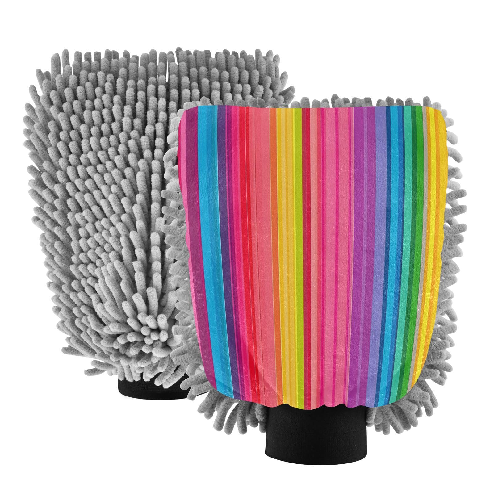 Hezely Colorful-Vertical-Stripes Car Wash Mitt, 2PK Scratch Free Lint-Free for Car Washing and Detailing