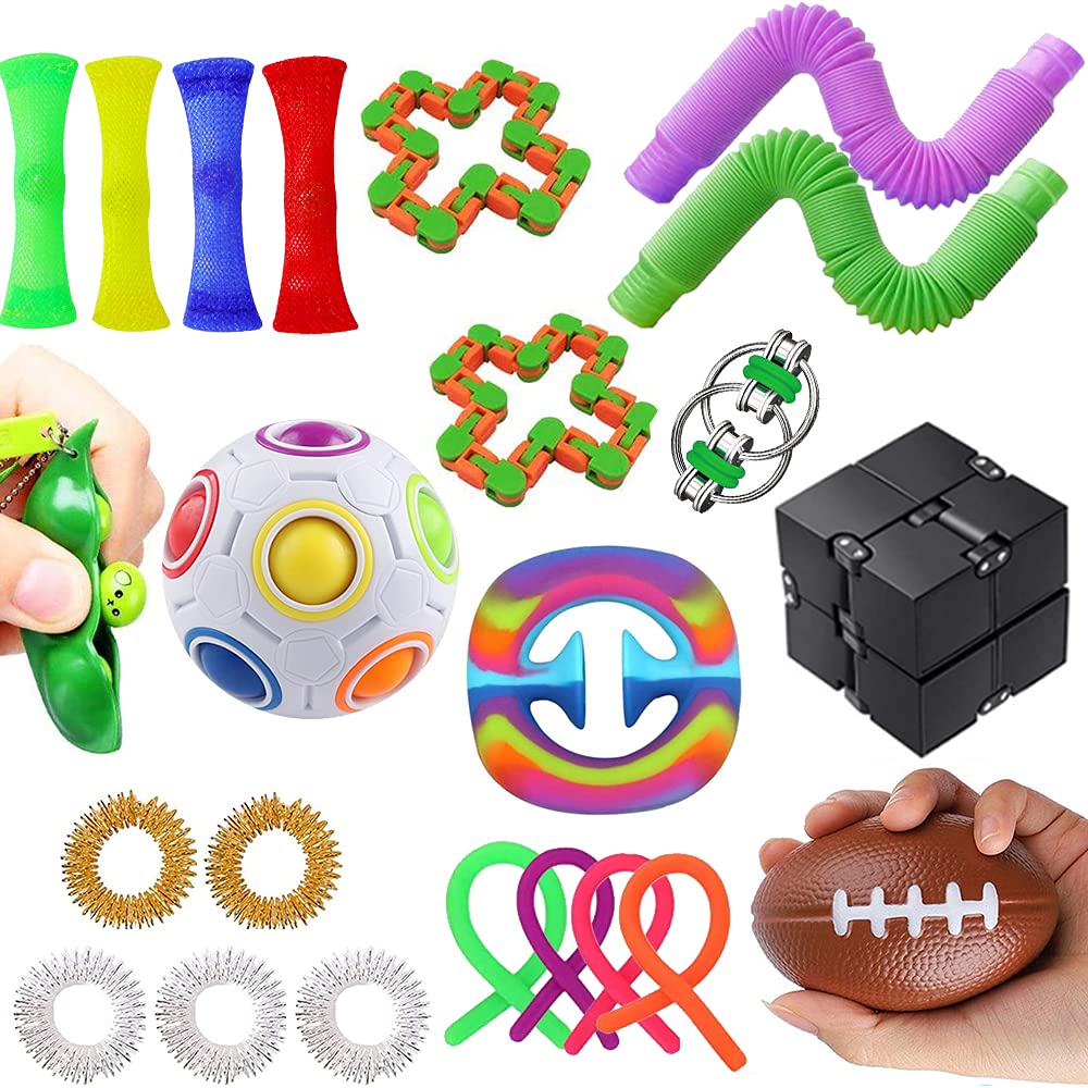23 Pack Sensory Fidget Toys Set-Bike Chain,Marble Fidget Toys,Rainbow Magic Sensory Balls,Squeeze-a-Bean Soybeans for Autistic Relieves Stress Fidget Toys Pack Hand Toys Stress Anxiety Relief Toys