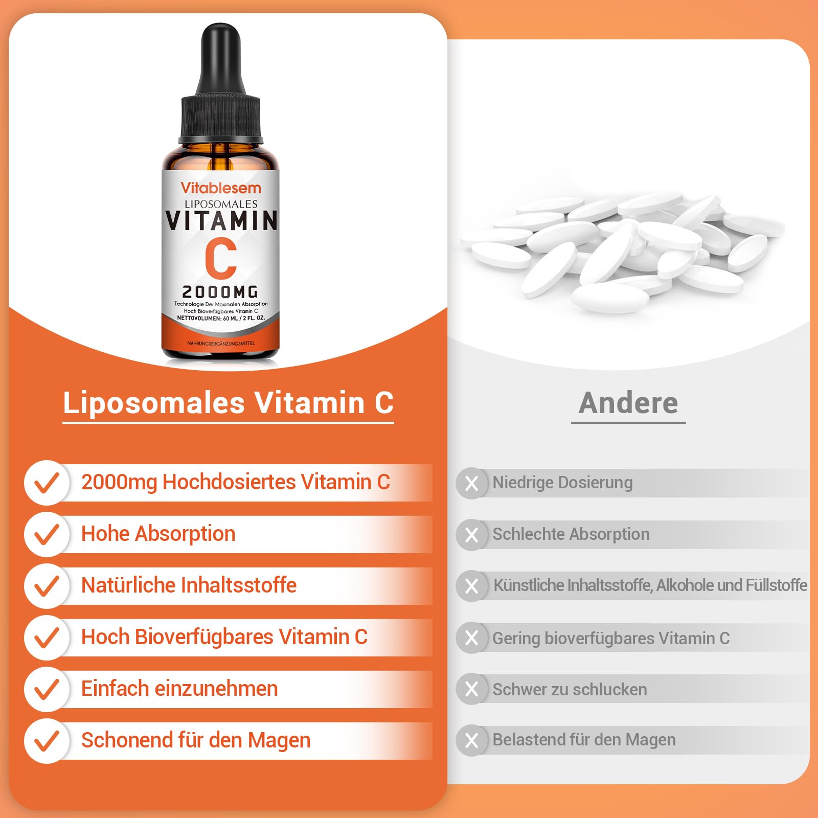 Liposomales Vitamin C Flüssig 2000 mg, Hochdosierte Ascorbinsäure, Maximale Absorption, Hochgradig Bioverfügbar, Sojafrei, Vegan, Gentechnikfrei