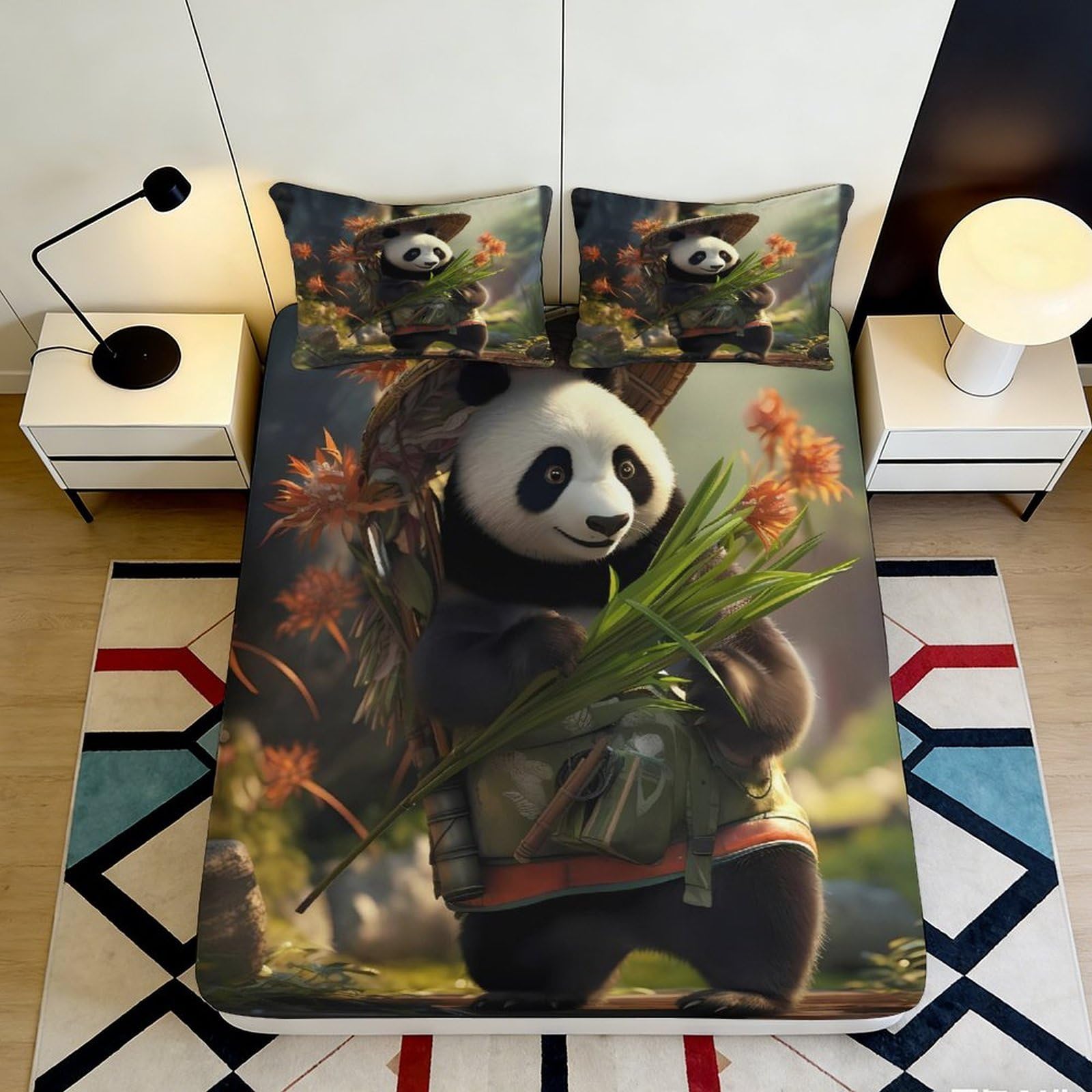 3D Printed Panda Bamboo Fitted Sheet Microfiber Soft Breathable Cartoon Animal Mattress Cover for Bedroom Dorm Decor 90x200x25cm