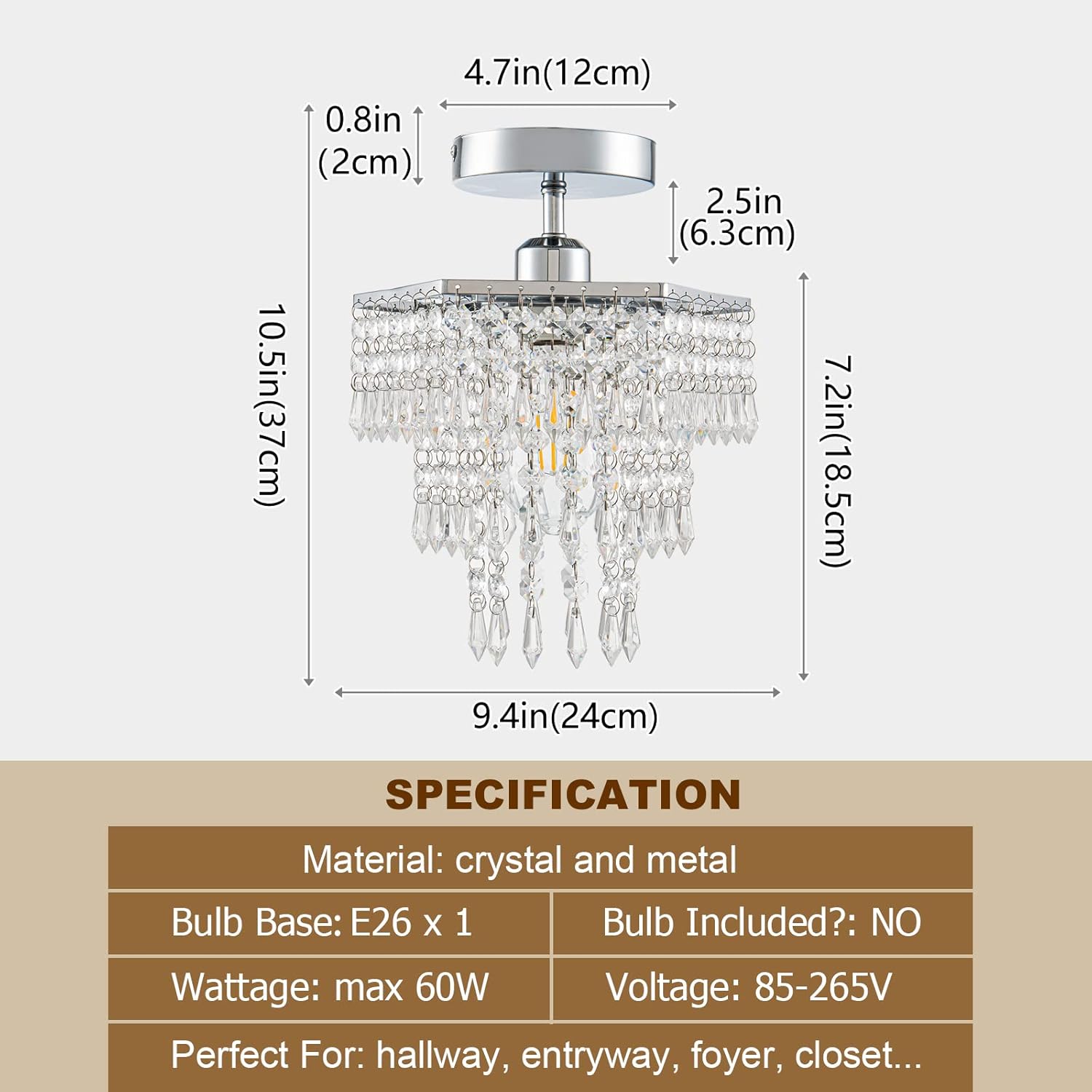 HongnuoFc Mini Crystal Chandelier Flush Mount Ceiling Light Fixtures Small Chandelier for Bathroom Bedroom Closet Hallway Foyer(E26 Bulb Base, Chrome) - - 