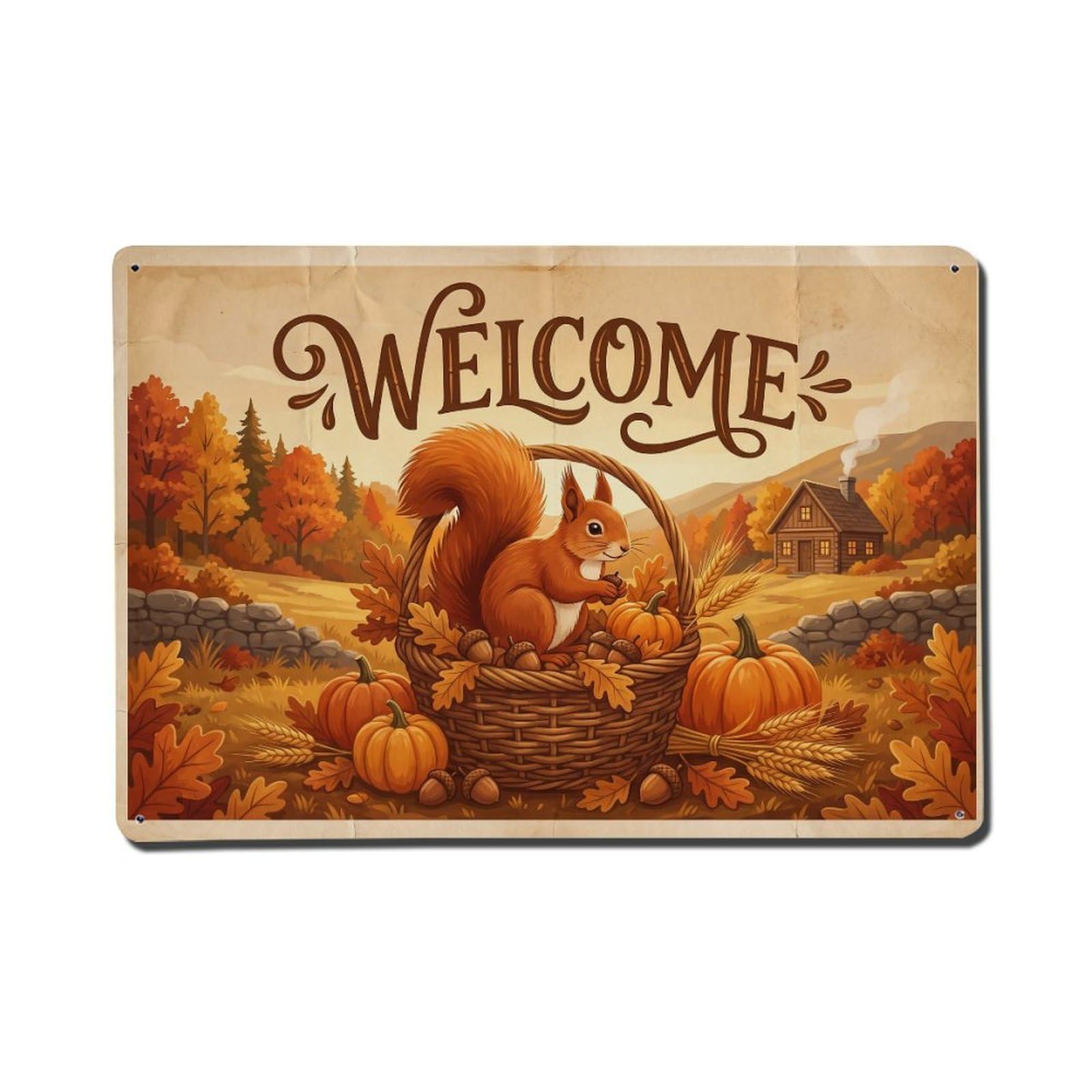 Vintage Welcome Squirrel Autumn Leaves Metal Tin Sign