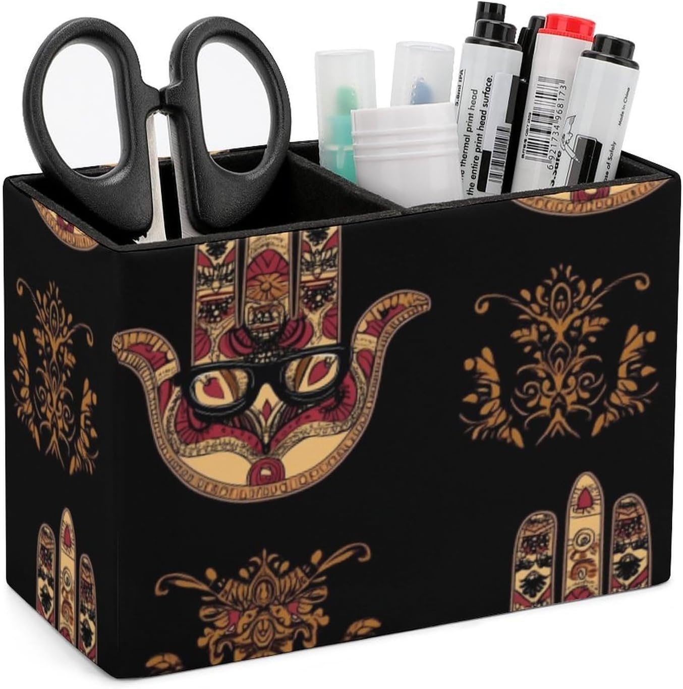 Ornate Amulet Hamsa Hand of Fatima Pencil Pen Holder PU Leather Desk Storage Organizer Makeup Brush Box