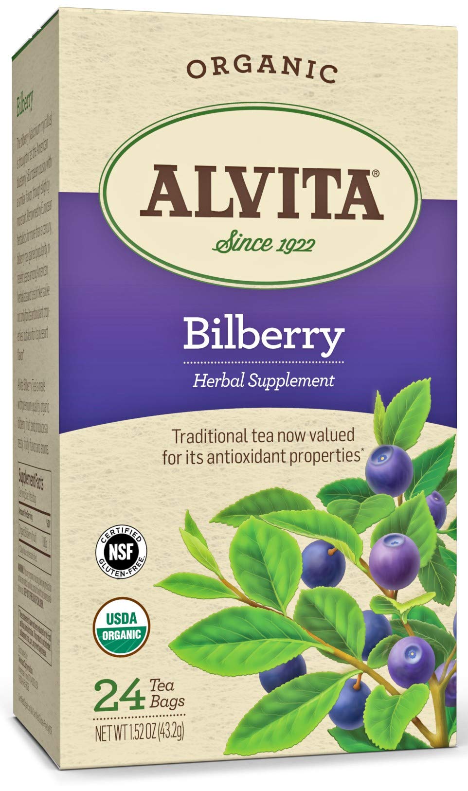 Alvita Tea Organic Bilberry Herbal Tea Bags, 24 Count