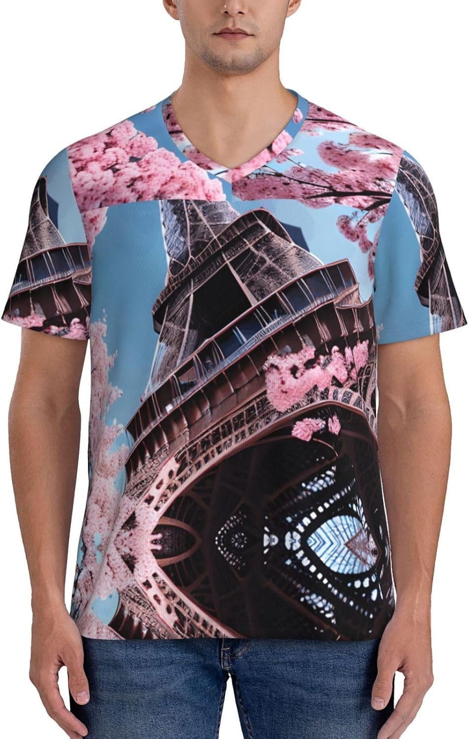 Oil Painting Paris Eiffel Tower Rugby Football Jersey for Men, Comfortable V-Neck Loose Fit Top for Team Sports Athletics