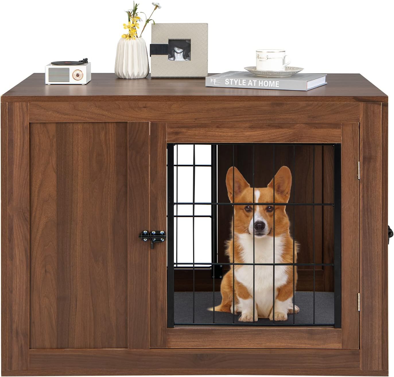 GOPLUS Jaula para Perro 2 en 1 con Cojín Cómodo y Doble Puerta, Casa de Jaula para Perros, Nicho Decorativo de Malla para Perros Pequeños y Medianos 92 x 59 x 66,5 cm, Marrón