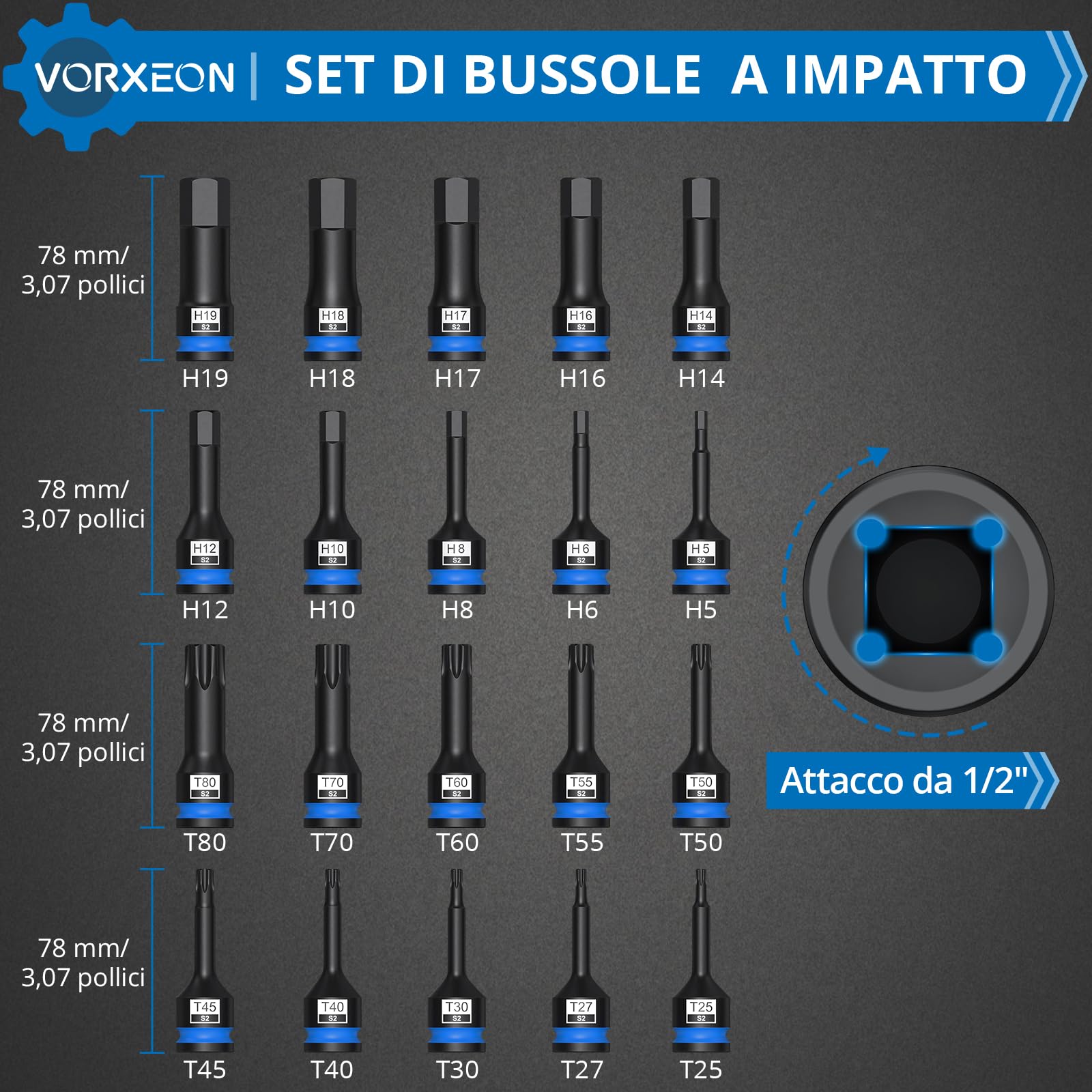 Set di 20PCS Bussole a Impatto da 1/2" in Acciaio S2 Esagonali Metriche da 5-19 mm/Torx T25-T80 con Sistema Anti-Caduta per Meccanici Professionisti e Appassionati di Fai da Te