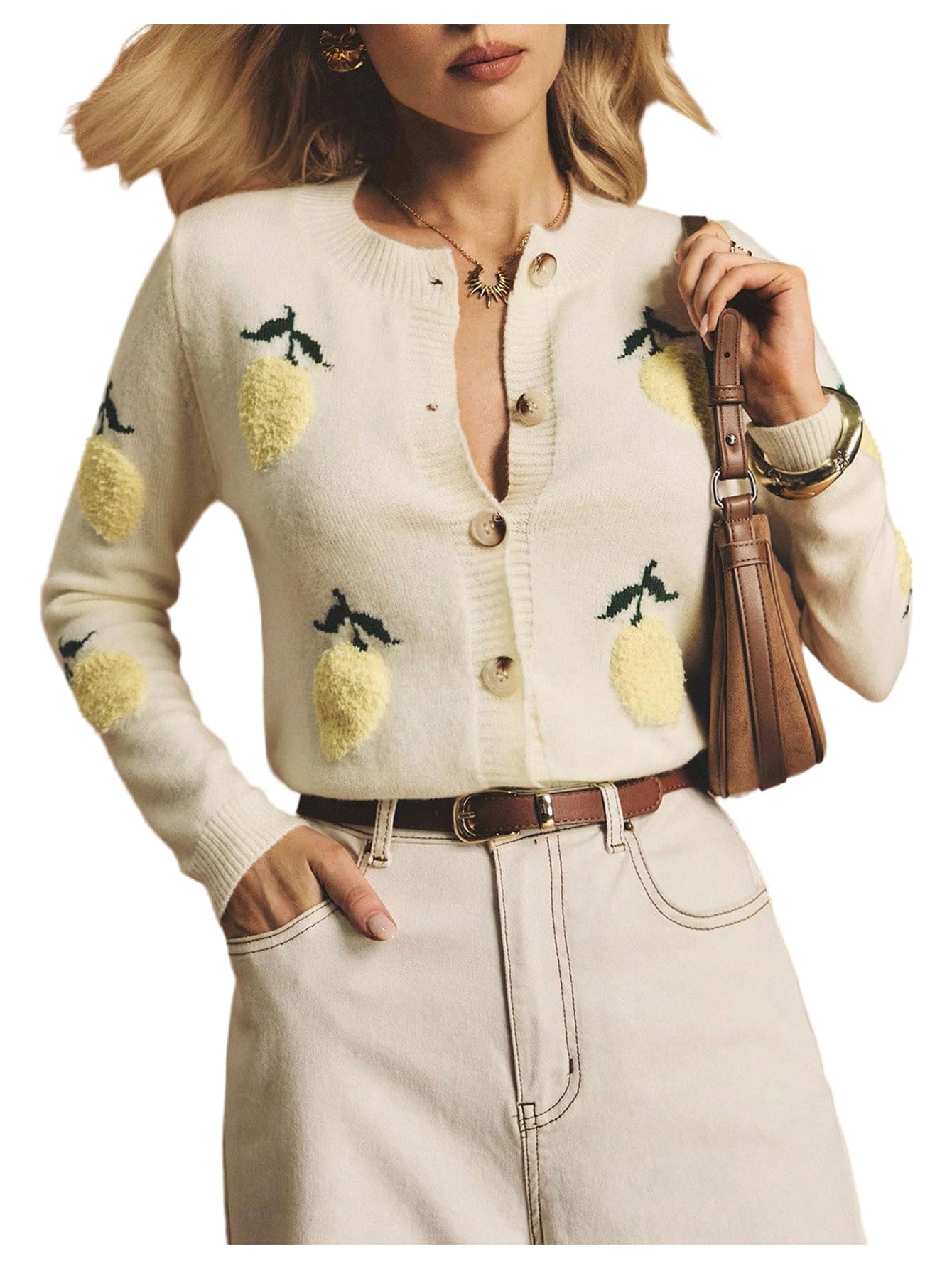 Womens Fruit Graphic Cardigan Sweaters Crew Neck Long Sleeve Button Down Knit Cardigans Tops