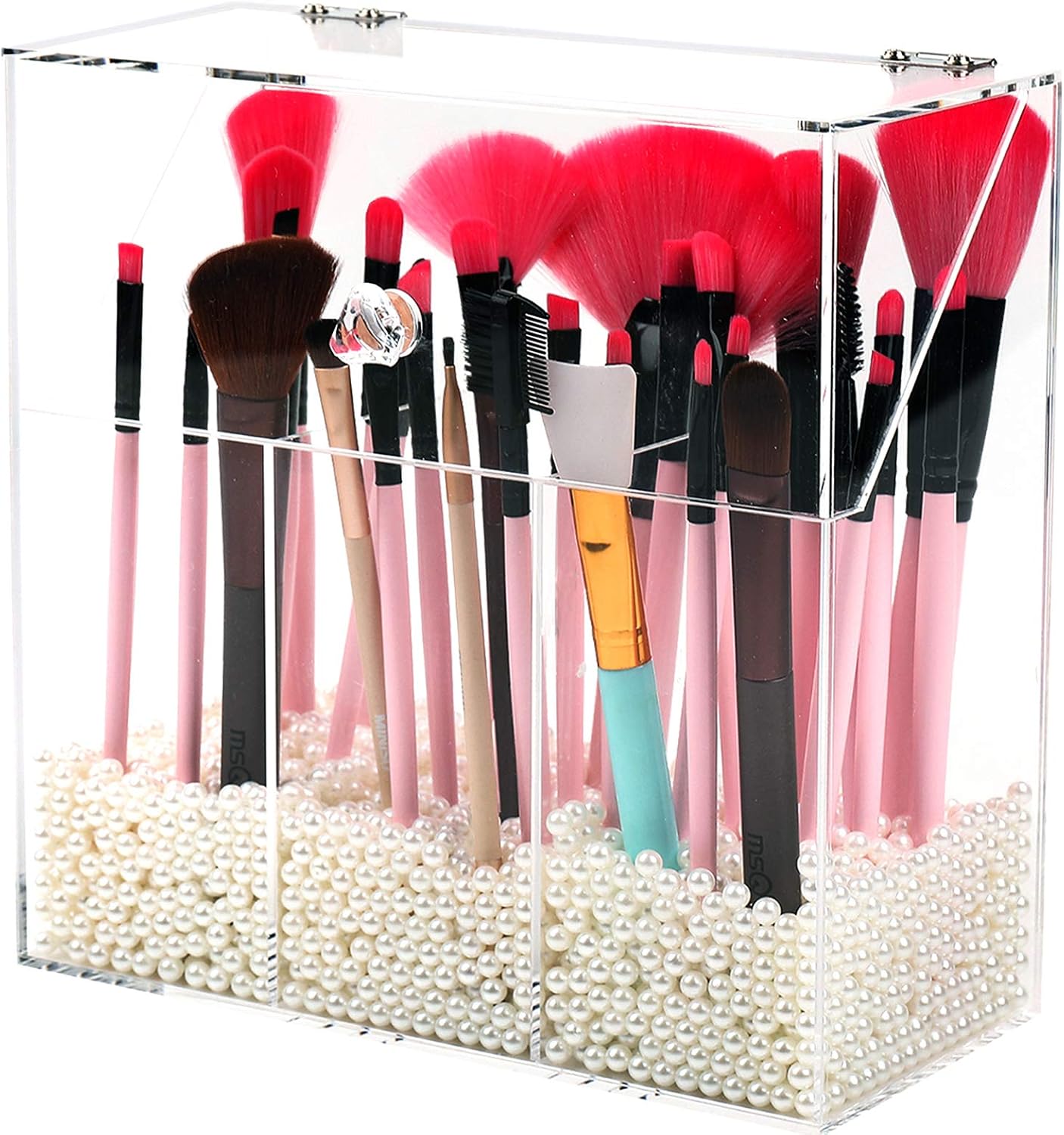 MUZILAN Acrylic Makeup Brush Holder with Dustproof Lid, Large Capacity Acrylic Clear Cosmetic Brush Storage Organizer for Vanity, with 3 Drawers and Pearls