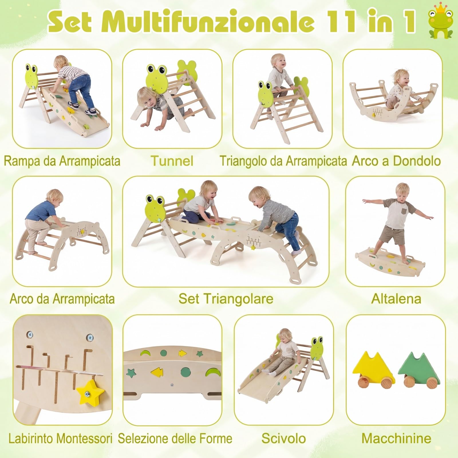RELAX4LIFE Set da Arrampicata per Bambini, Triangolo di Arrampicata con Scivolo e Arco, Gioco di Incastri in Legno, Gioco Montessori per Bambini 1+ Anni