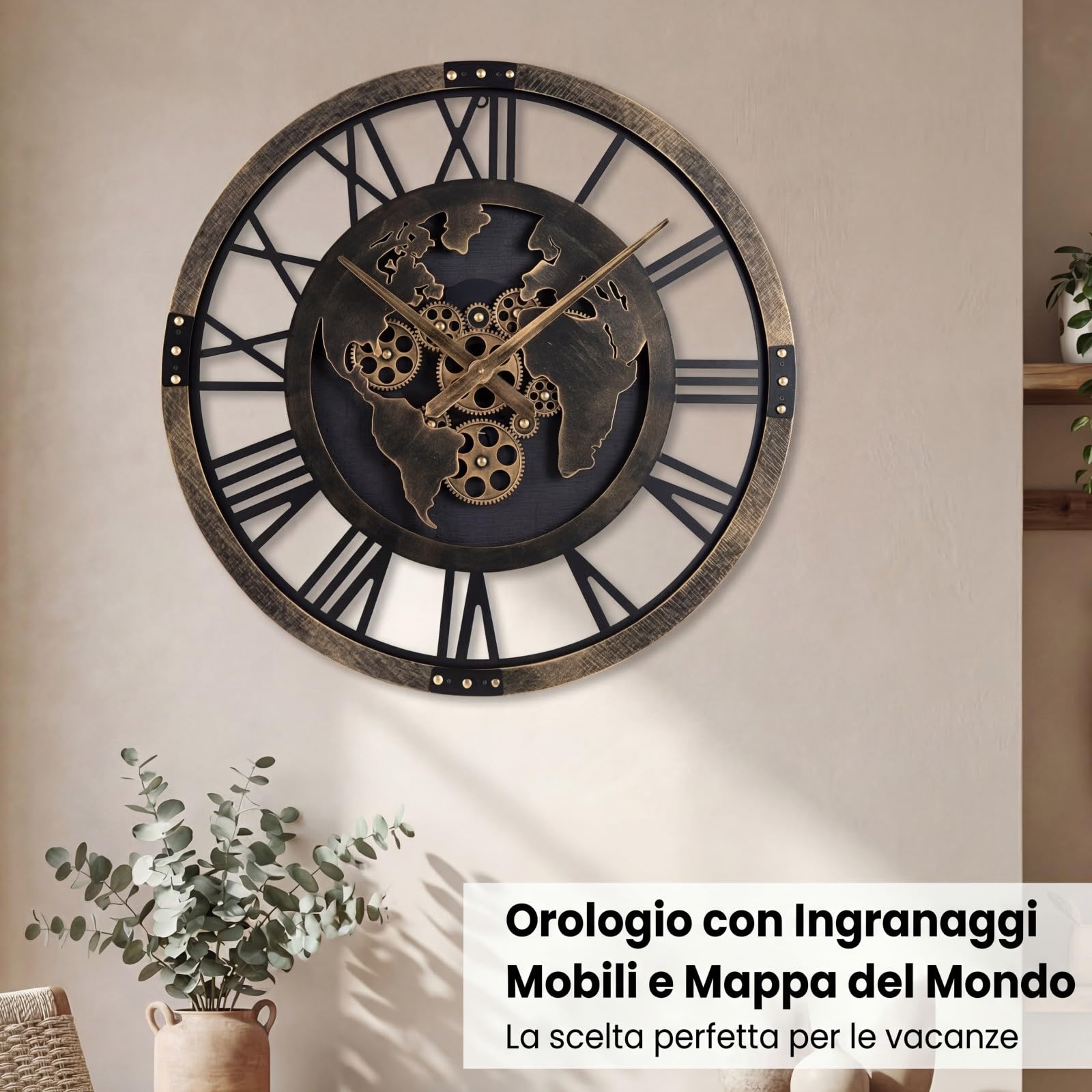 COSTWAY Grande Orologio da Parete 68 cm a Ingranaggi con Mappa del Mondo | Orologio in Metallo Decorativo Silenzioso per Soggiorno Camera da Letto Cucina