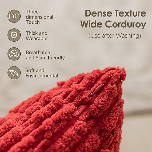 Miniatura 5 de Home Brilliant Fundas de almohada decorativas rojas de 26 x 26 pulgadas, fundas de almohada cuadradas de felpa grandes y suaves de pana a rayas para