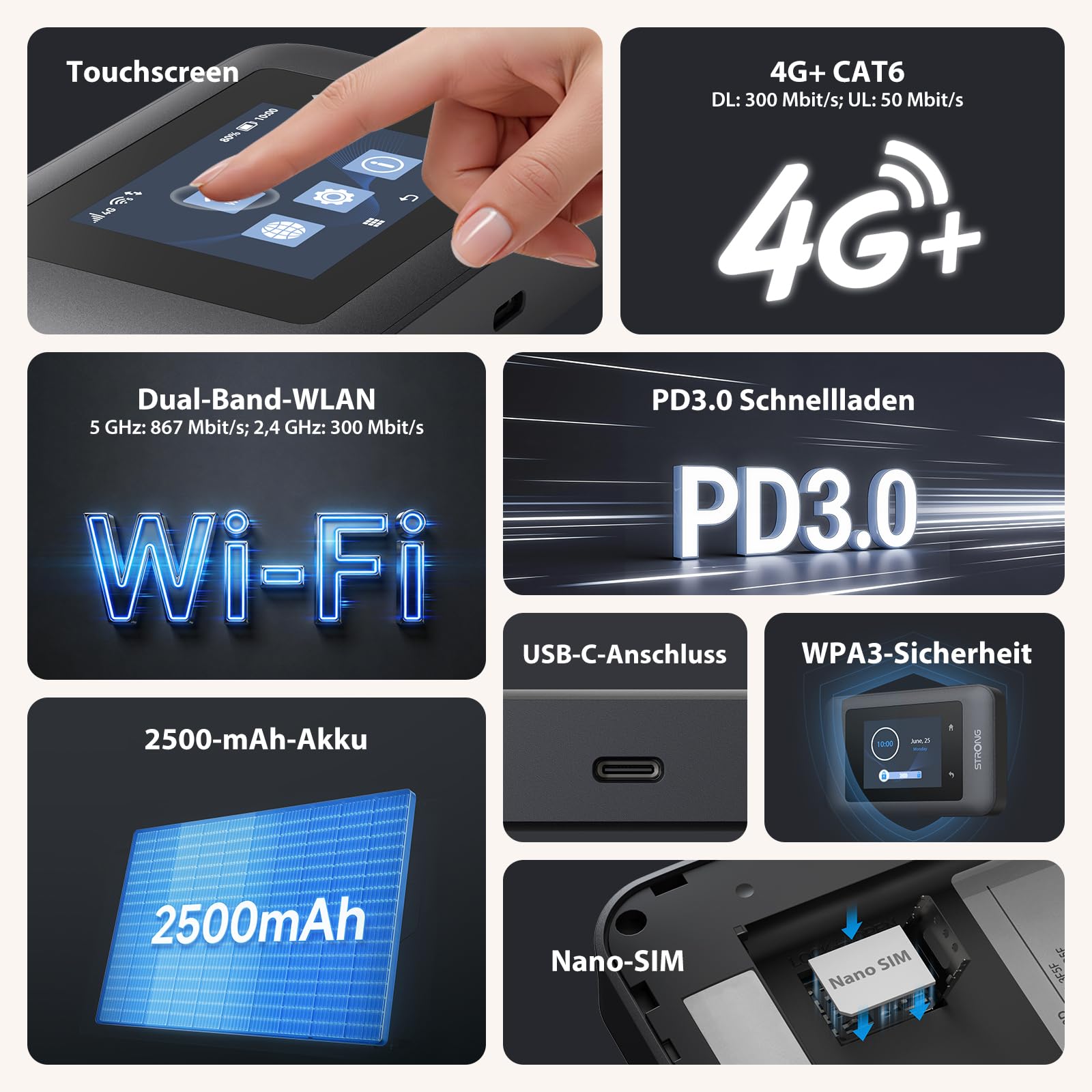 STRONG 4G+ AIRSPOT 520 Mobiler WLAN Router mit SIM Steckplatz, 4G+ LTE CAT6 300 Mbit/s DL, WLAN AC900Mbit/s, Tragbarer WiFi Hotspot, Farbdisplay, für bis 16 Geräte, 2500 mAh Akku, USB-C Anschluss