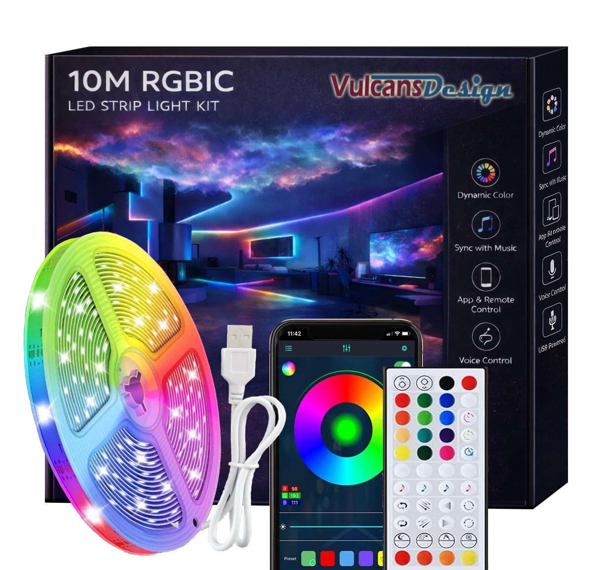 VulcansDesign 10M RGB IC LED Strip Light, 5V USB Powered Addressable Color Changing Light with Music Sync, IR Remote & App Control, Cuttable Strip Lights for Bedroom, Gaming Room, Party Decor