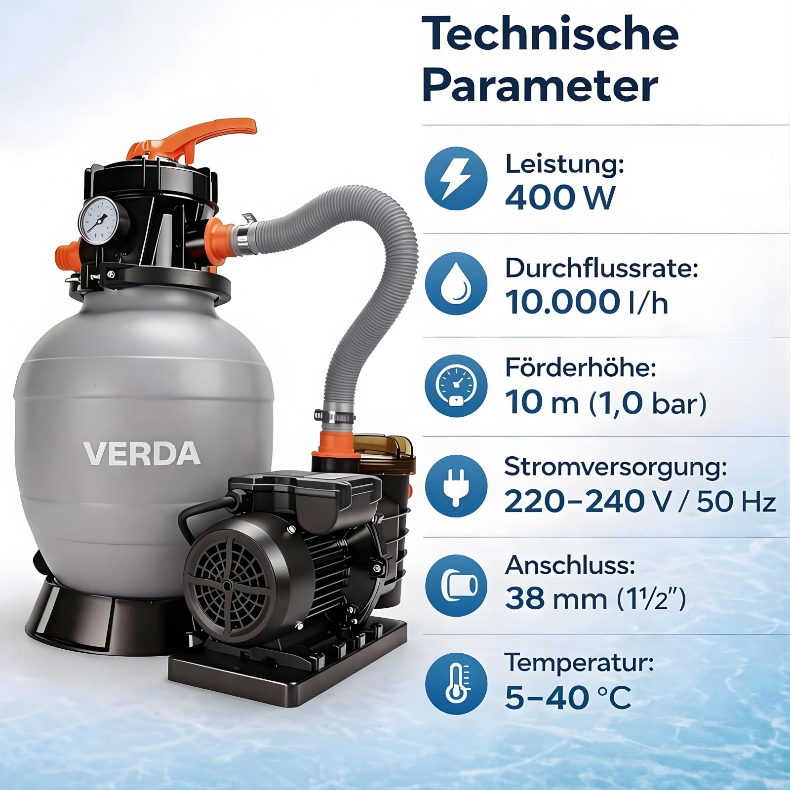Verda Système de filtration à sable, pompe 10000 l/h, 400 W, avec billes filtrantes, 10 m, hauteur de refoulement 38 mm, connexion 220-240 V, 50 Hz, filtre à sable pour piscine SN5882