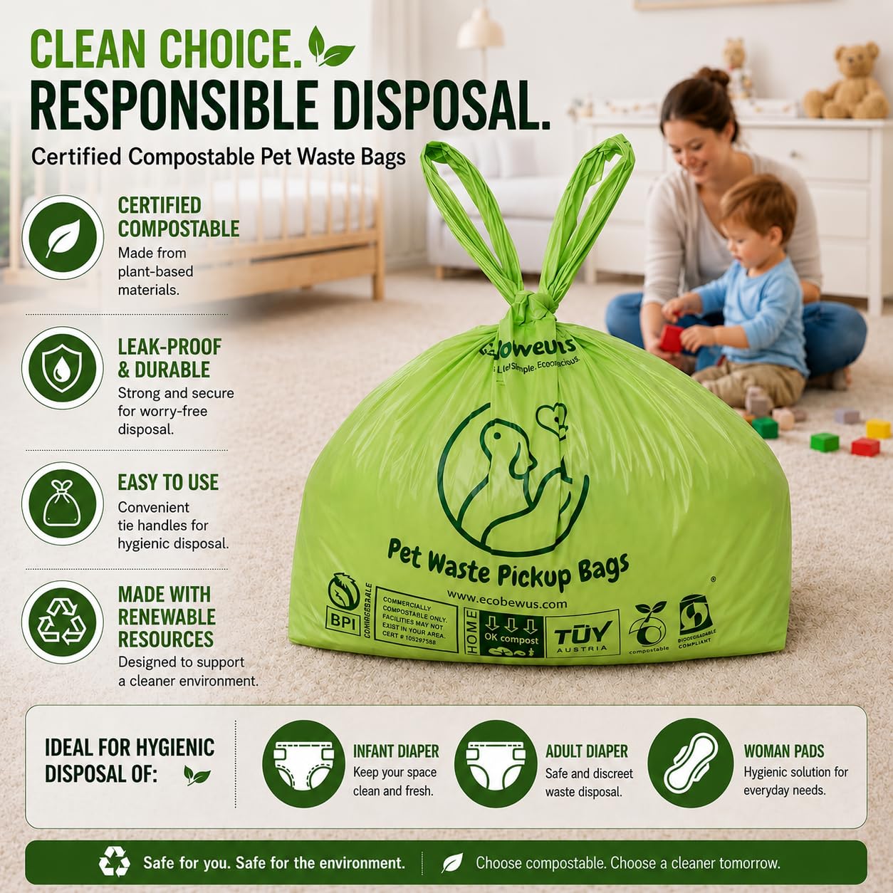 Bolsa de eliminación de residuos de mascotas 100% compostable (120 bolsas) a base de plantas para gatos y excrementos, bolsas de recogida de excrementos de perro con asas, sacos de pañales US BPI ASTM