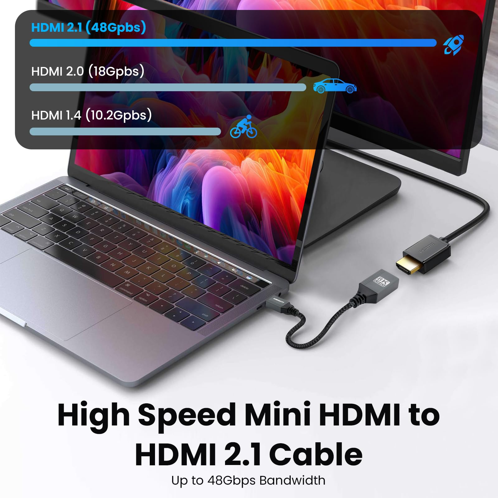 Adaptador mini HDMI a HDMI de 8 K, cable de ángulo recto, mini HDMI (macho) a HDMI (hembra), conector convertidor en forma de L, compatible con 8 K a 60 Hz, 4 K a 120 Hz, compatible con Raspberry Pi