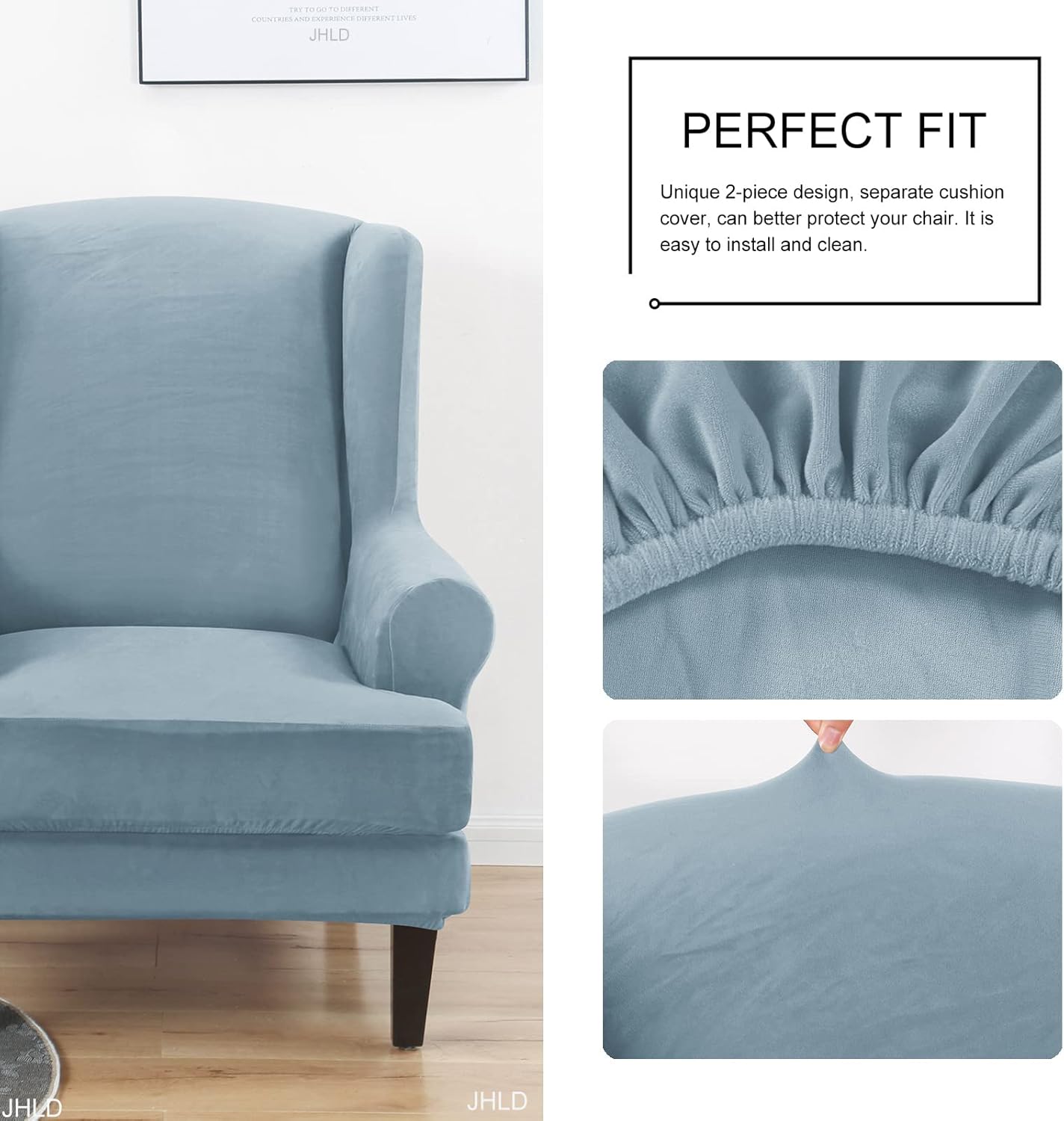 2-Piece Stretch Wing Chair Slipcover, Velvet Wingback Chair Cover with Elastic Bottom, Washable Armchair Chair Slipcovers - Light Blue