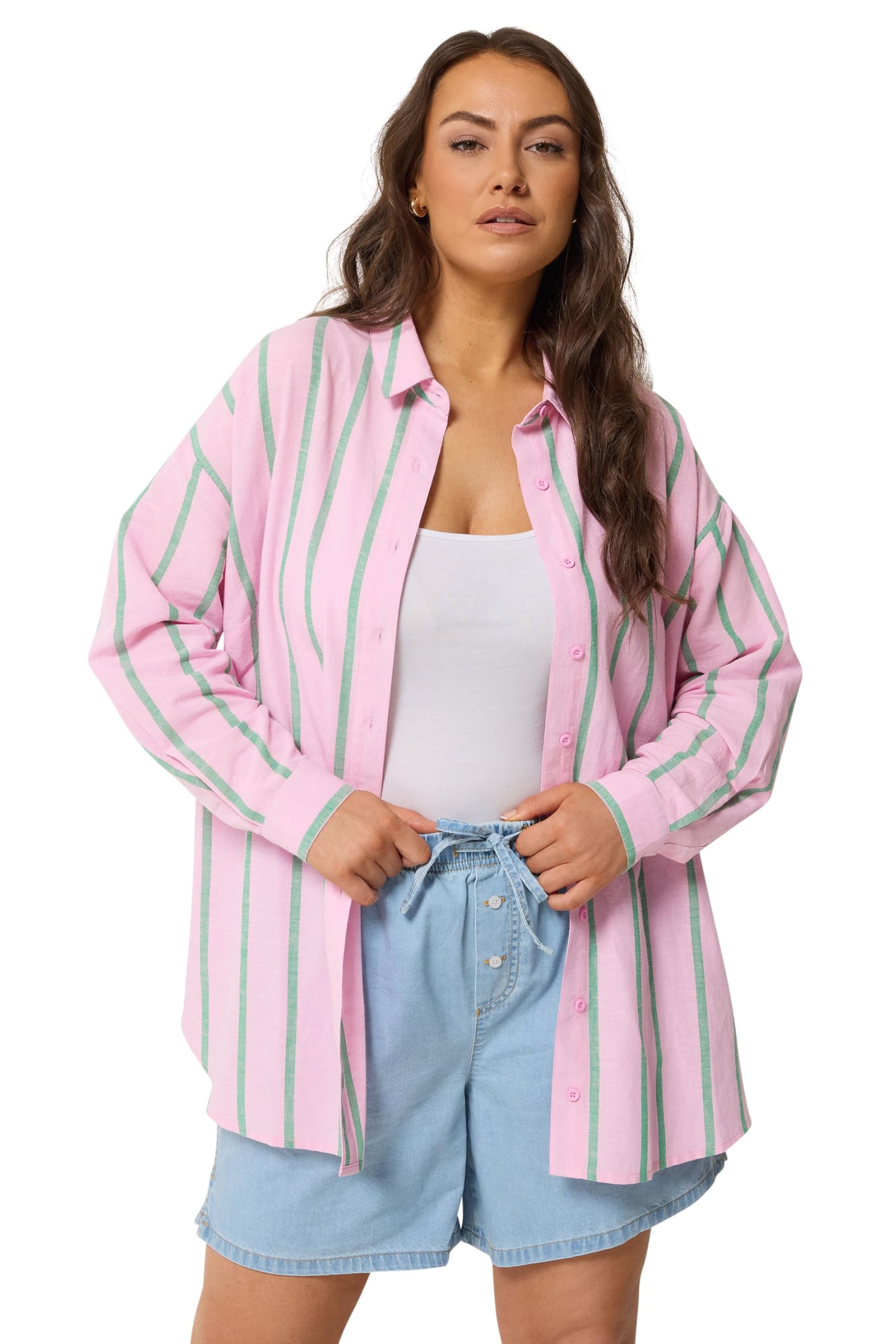 Yours Women's Light Pink Stripe Linen Shirt In | Size: 26/28