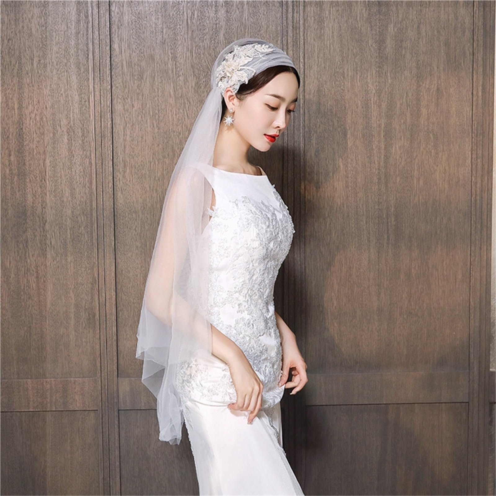 Velo da sposa punta delle dita con bordo decorato con perline – Velo da sposa in poliestere a 1 strato for accessori da sposa dal design elegante
