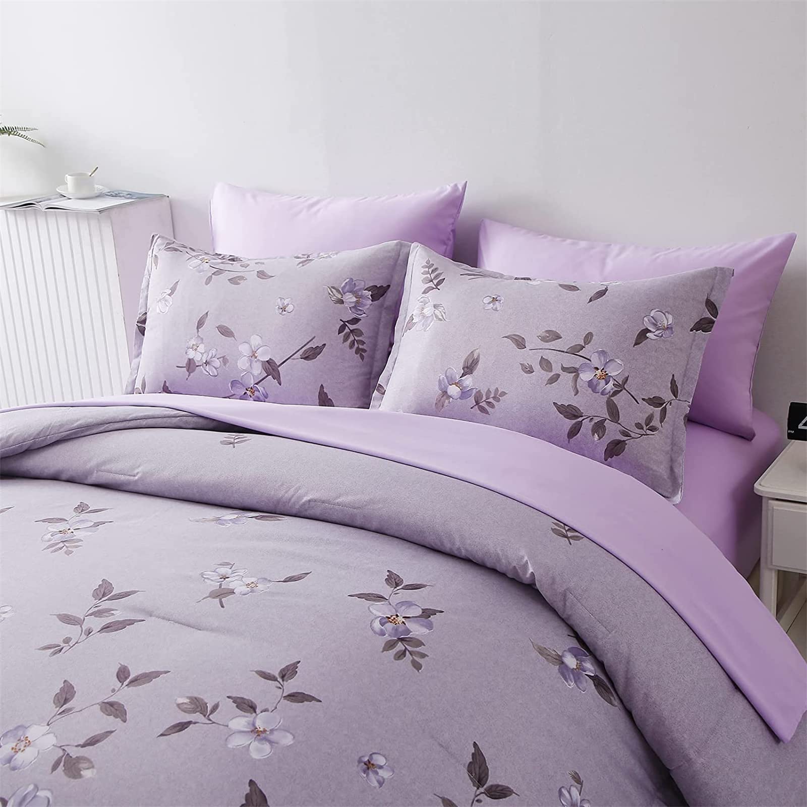 Juego de edredón de 7 piezas de cama en una bolsa, color morado, plantas botánicas, flores, juego de ropa de cama de microfibra suave con 1 edredón, 2 fundas de almohada, 1 sábana encimera, 1 5