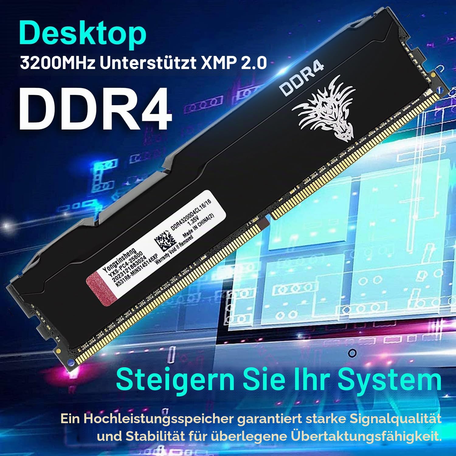 Yongxinsheng DDR4 3200MHz 32GB Kit (16GBx2) Desktop RAM PC4-25600 UDIMM Non-ECC Unbuffered 1.35V 288-Pin CL16 PC Computer Memory Upgrade Module Arbeitsspeicher Support XMP 2.0 Auto Overclocking