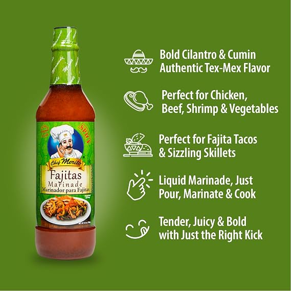 Chef Merito Fajitas Marinade, Zesty & Smoky Mexican Blend, 25 oz Bottle