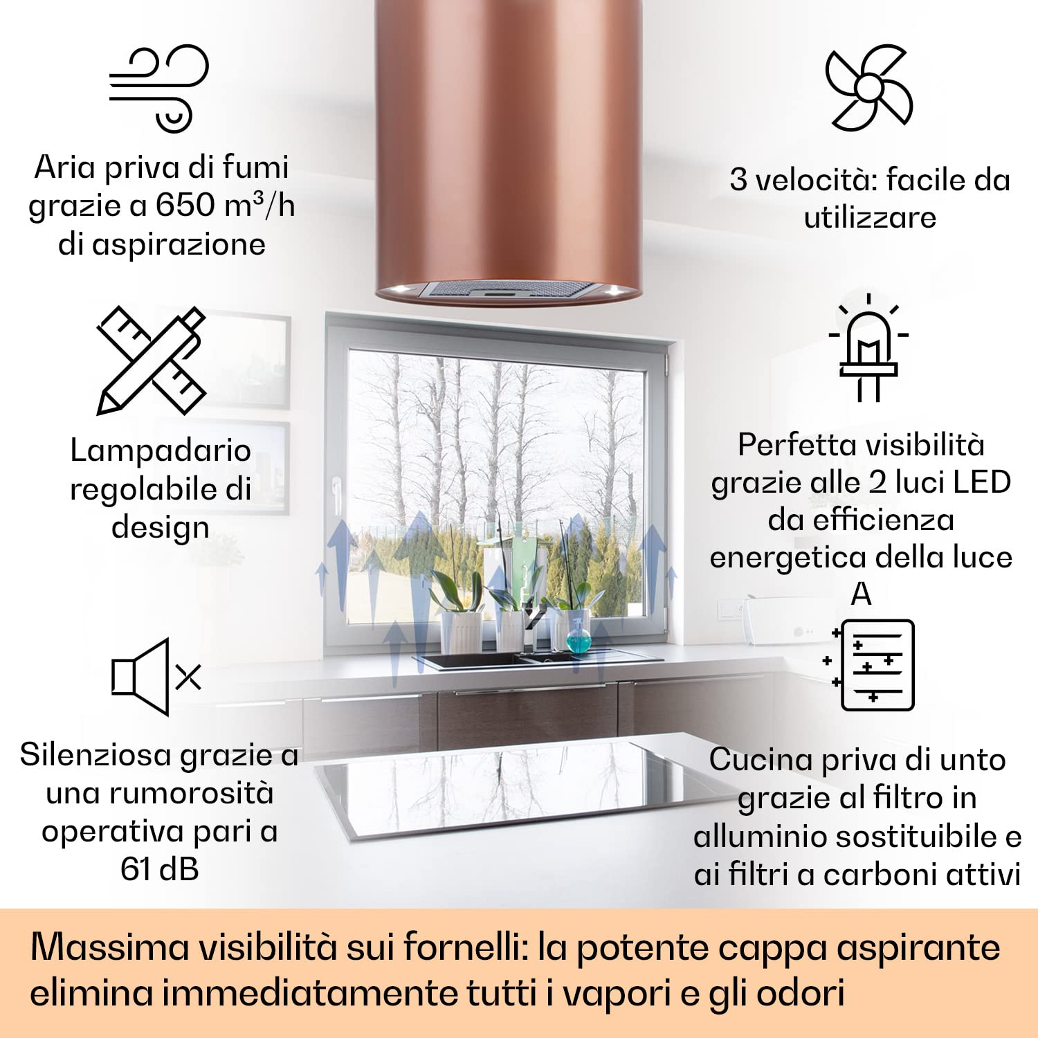 Klarstein Cappa Isola, Cappa Cucina con Timer, Flusso d'Aria di 650m³/h, Cappa per Isola Cucina con 3 Modalità e Design Candelabro Rame