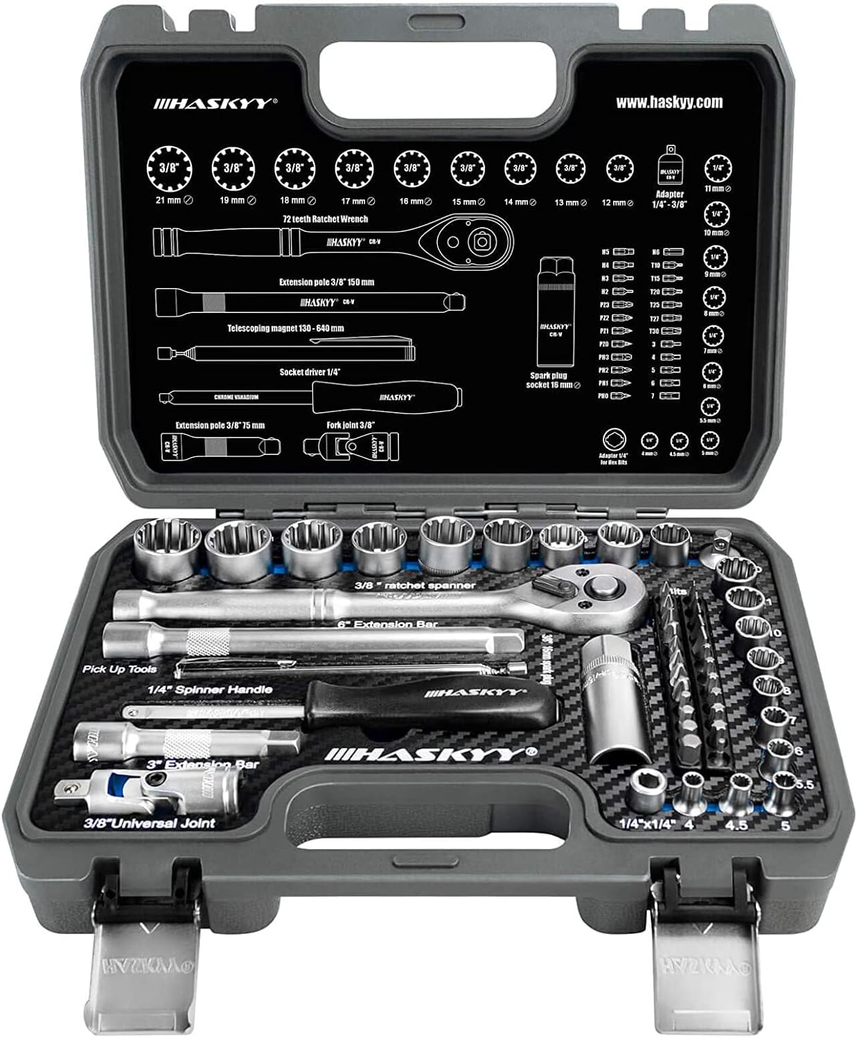 52 x teeth, Torx gear lock profile, XZN E-shaped, socket set, 12-Kant, 6-Kant, Hex, Harley, Zöllisch, Metric, 1/4 and 3/8, nut bits, 4-19 mm
