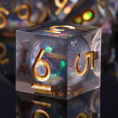 YEMEKO Juego de dados DND hechos a mano con núcleo líquido, bola de arena movediza, 7 accesorios para Calabozos y Dragones, dados de resina