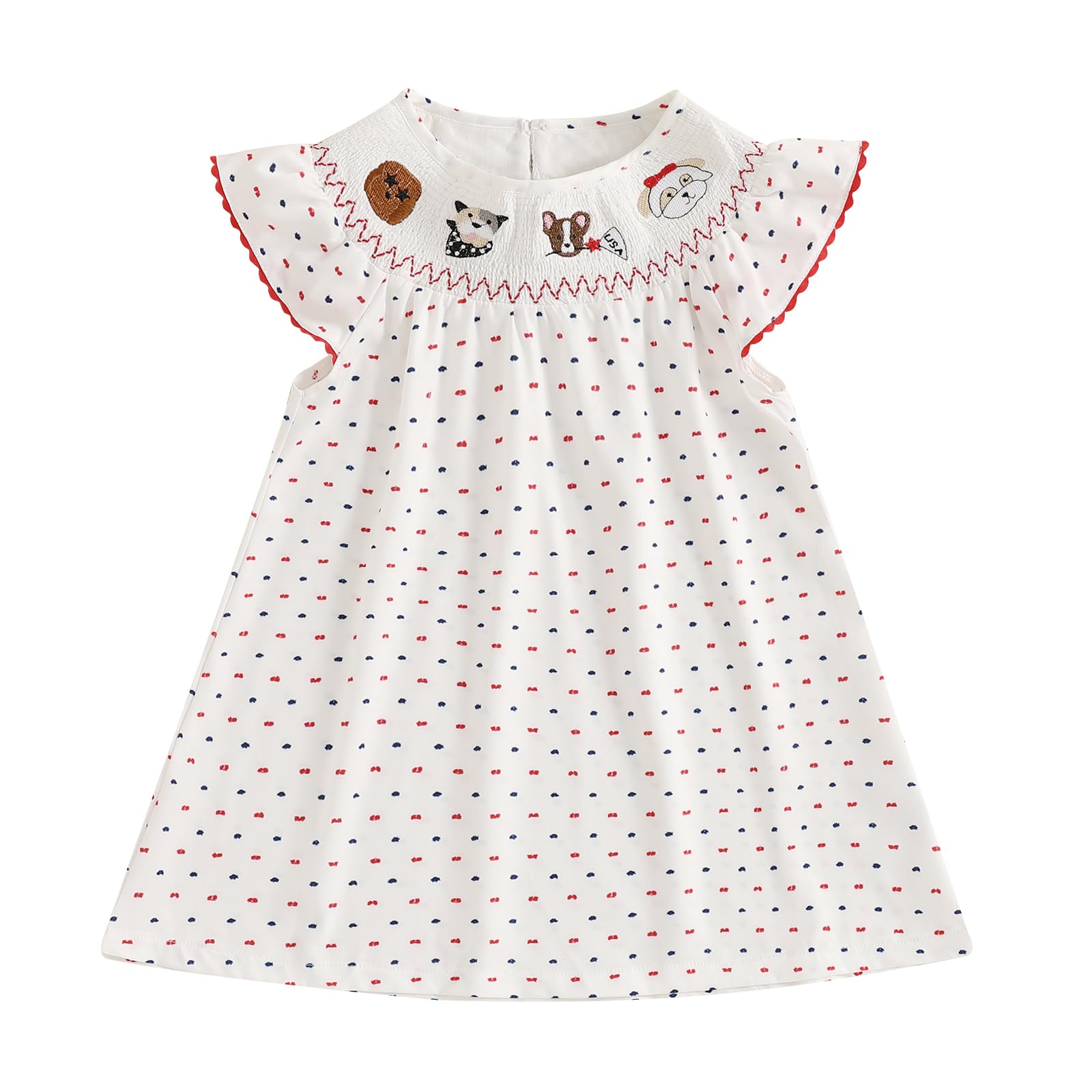 Toddler Girl 4th of July Outfits Fly Sleeve Dalmatian Embroidery Dot Print A-line Dress Kids Patriotic Clothes (White, 12-18 Months)