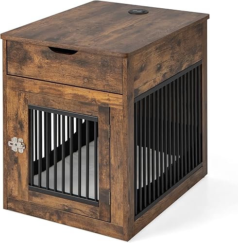 Miniatura 9 de Giantex Mesa auxiliar para jaula de perro, perrera de madera con cojín extraíble, cajones de almacenamiento, puerta con pestillo, soporte de carga