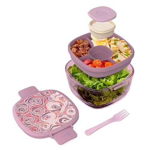 Bentgo Glass Prints Salad Container - 7.6-Cup Tinted Glass Salad Bowl with Airtight Lid, Leak-Proof Sauce Container, 4-Compartment Bento Meal Prep Tray & Reusable Fork (Floral Maximalist - Bouquet) - Floral Maximalist - Bouquet