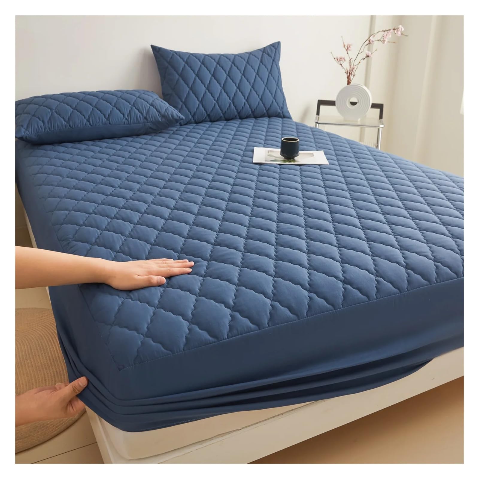 Waterproof Mattress Protector 3Pcs/Set, Quilted Mattress Topper Pad, Elastic Band Fitted Sheet,With Pillowcases(Blue,140x200cm 3pc a Set)