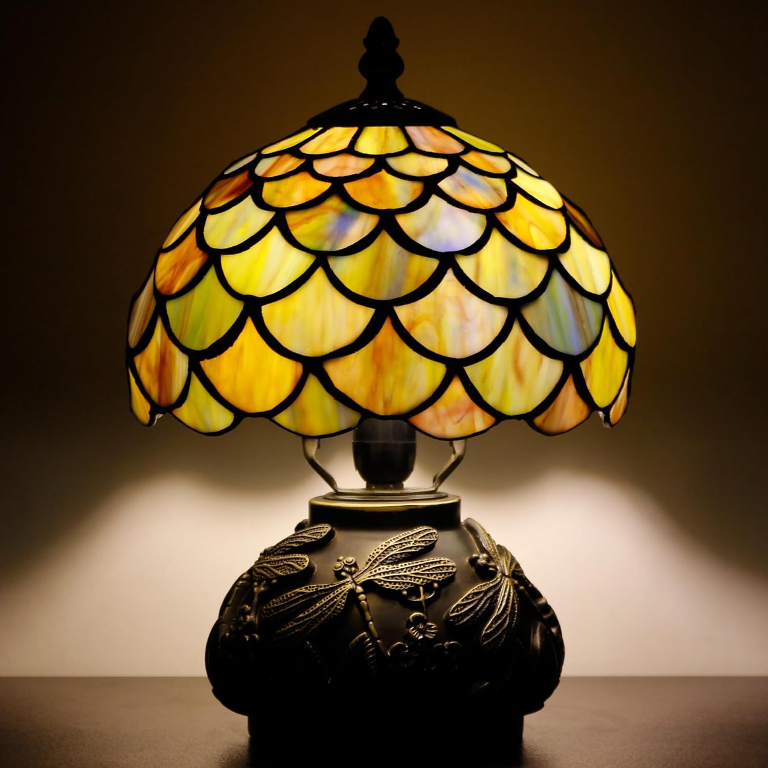 Small Tiffany Lamp Mini Stained Glass Table Lamp Yellow Fish Scale Style Tiffany Style Mushroom Desk Light Memory Sympathy Lamp 8X11 Inch