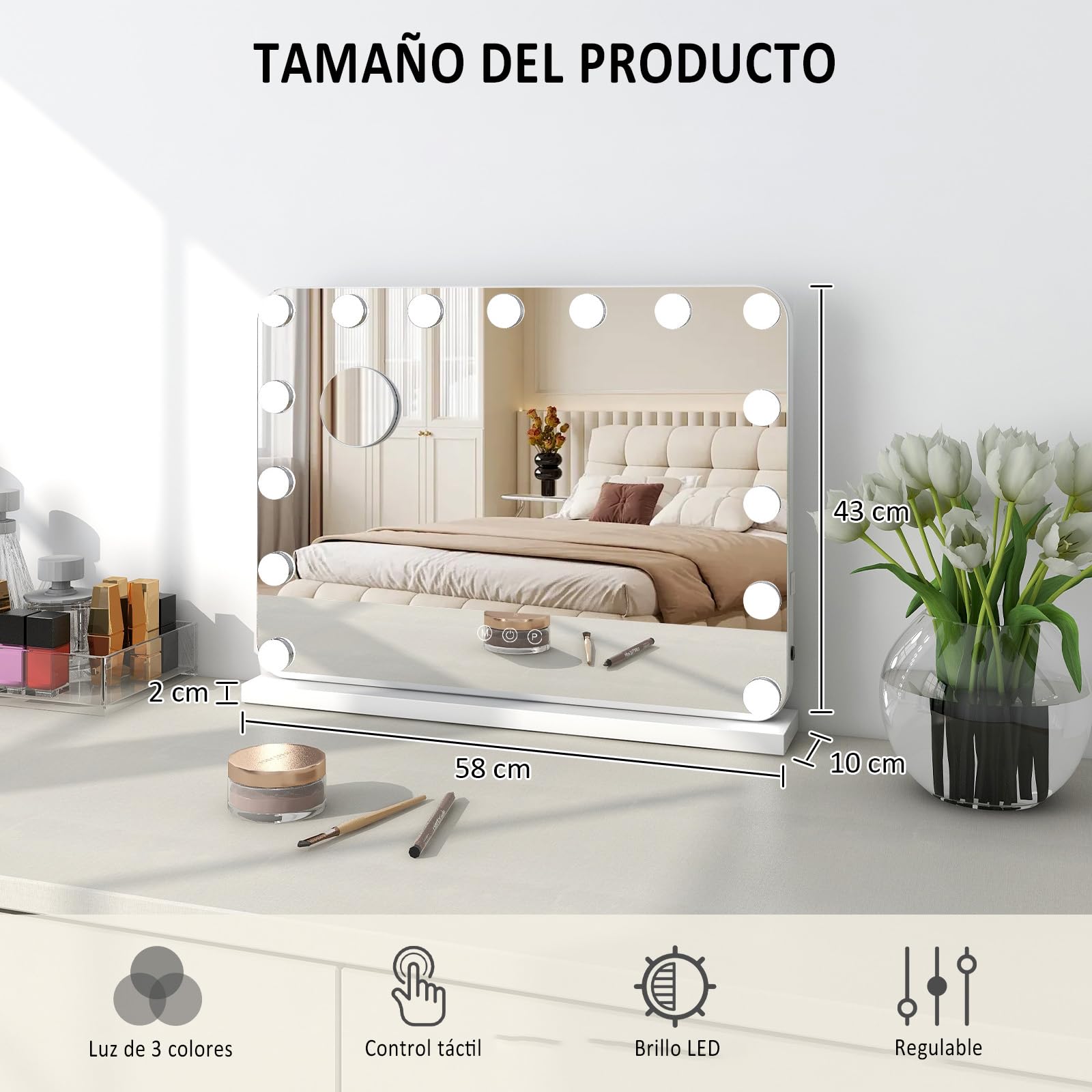 YU YUSING Hollywood Espejo Maquillaje con Luz 15 LED, 58x45 cm, 3 Modos Iluminación Regulables, Espejo Tocador, Controles Táctiles, USB, 10x, Espejos de Mesa Tocador Dormitorio, Esquinas Redondas
