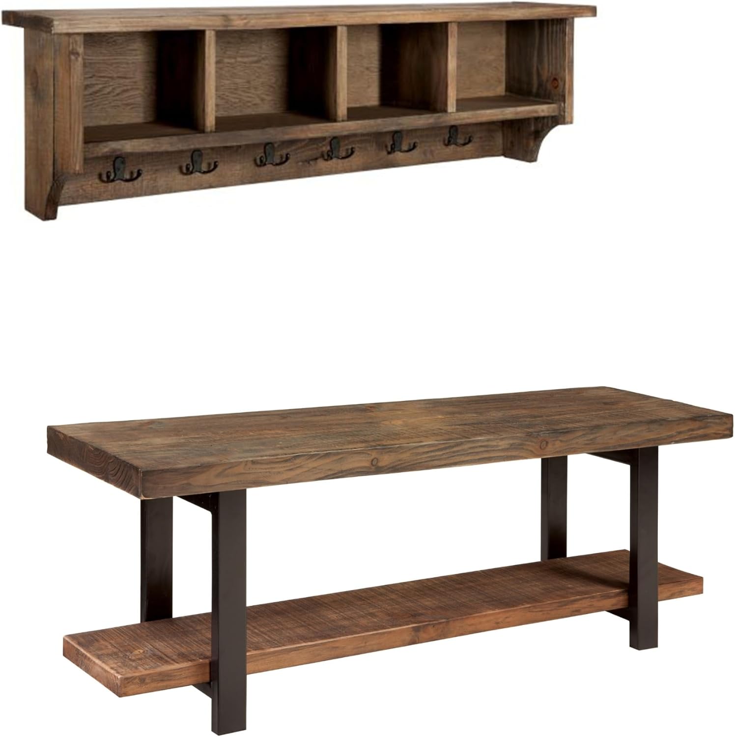 Alaterre Furniture Pomona Entryway Organizer – Modern Rustic 48-Inch Solid Wood Bench & Coat Hooks with 4 Cubbies – Space-Saving Mudroom & Hallway Storage for Jackets, Bags & Shoes (Rustic Brown)