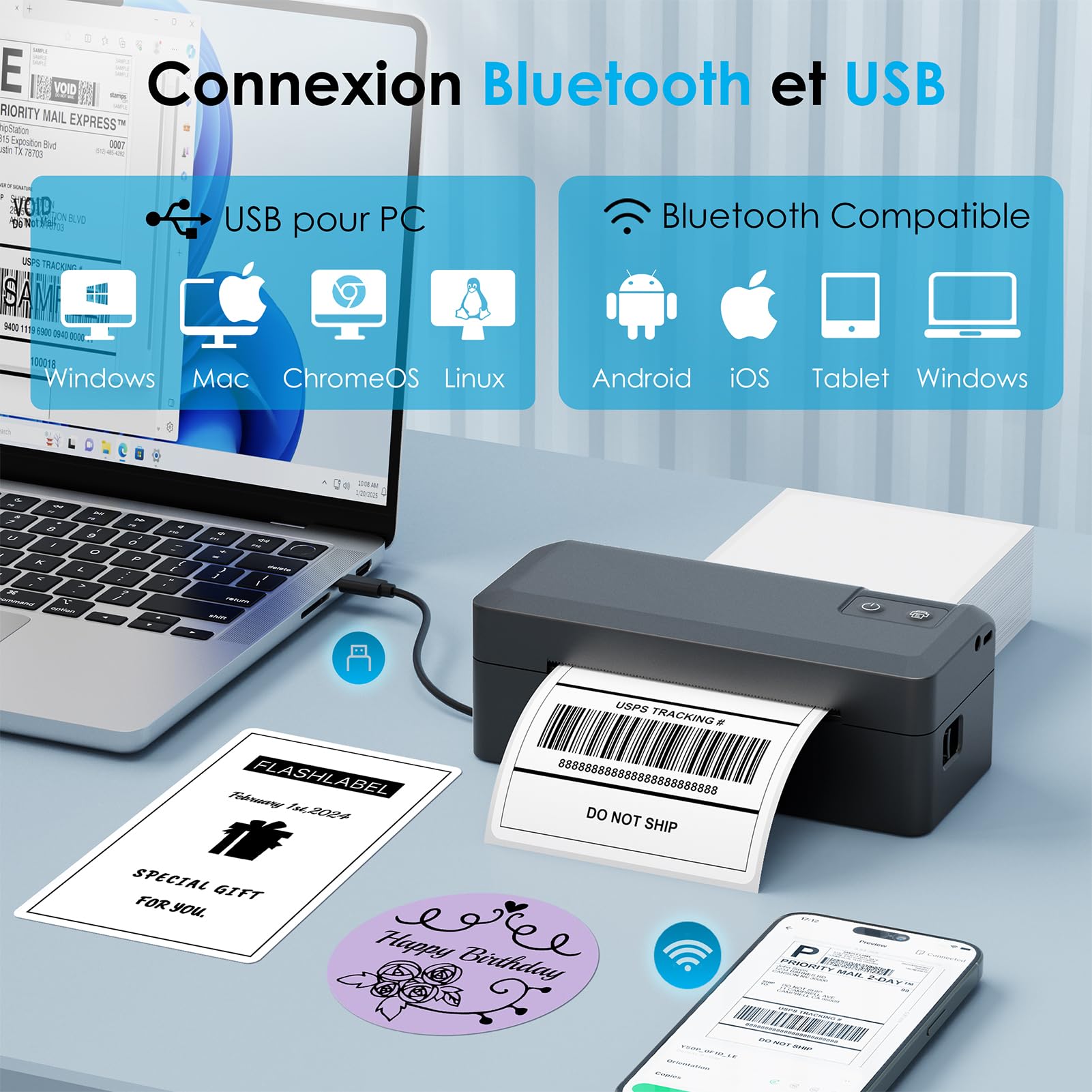 KNAON Imprimante d'étiquettes Bluetooth 4 x 6 - Imprimante thermique pour expédition Etsy, Shopify, Amazon - Noir