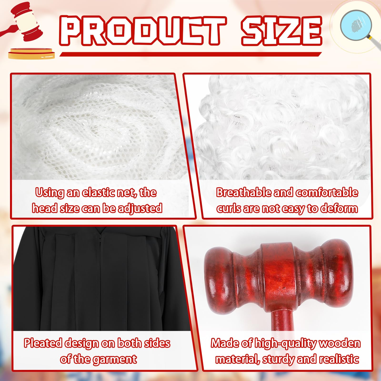 Kyndara 7Pcs Judge Costume Set for Adults Court Lawyer Fancy Dress Outfit Kit with Wig Robe Glasses Gloves Gavel Collar Brooch for Courtroom Cosplay Makeup Theme Party Halloween - Image 3