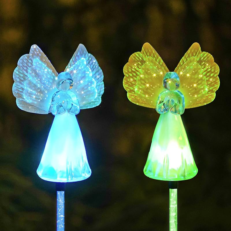 Luces solares para jardín al aire libre, paquete de 2 luces decorativas solares de ángel, IP67, luces solares LED que cambian de color a prueba de agua, luces solares de estaca para cementerio, tumba, jardín, patio, decoración de césped