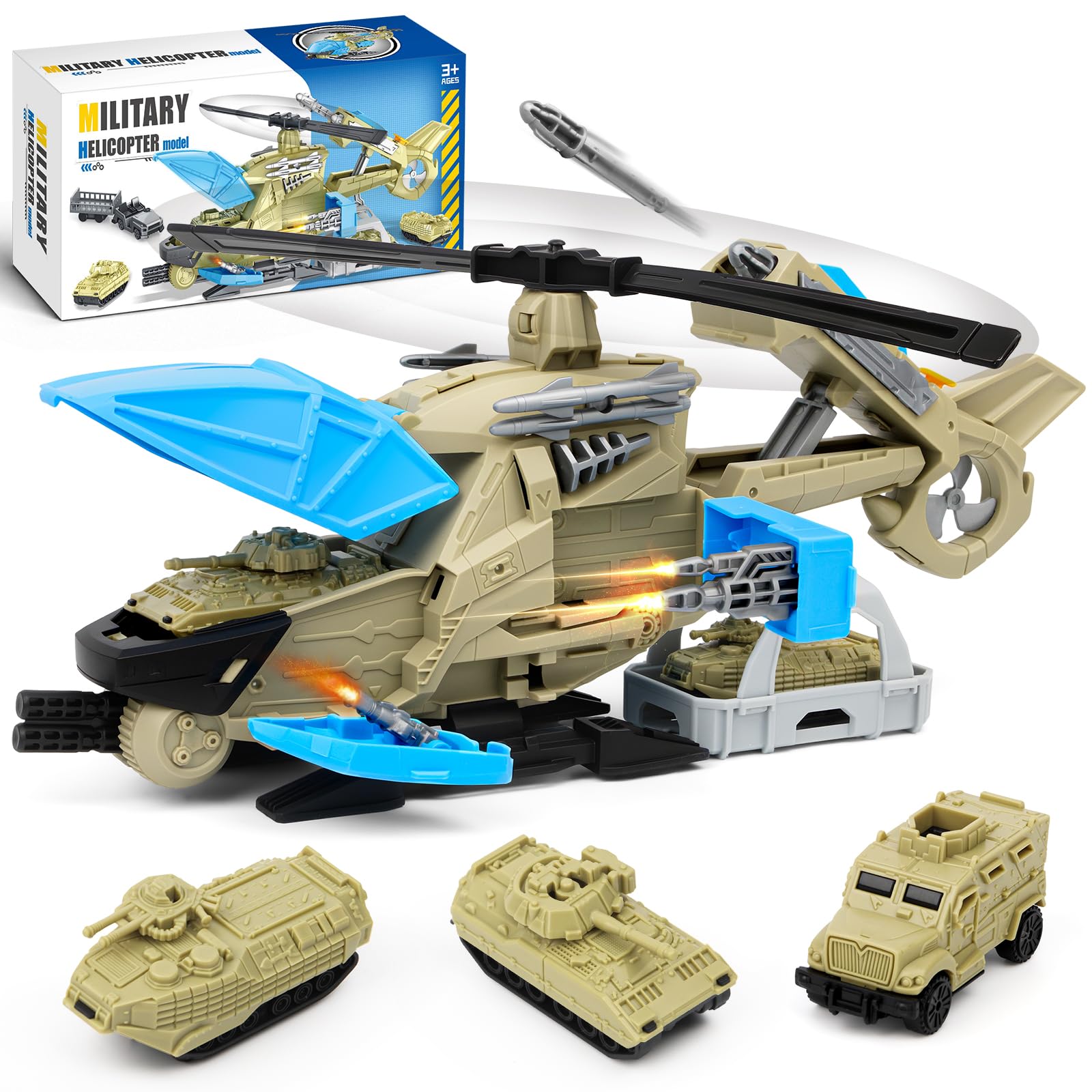 Varrotoy Military Transport Helicopter Toy, Missile Launcher Army Toy Set with Military Vehicles, Transforming Helicopter Toy, Army Airplane Toy for Boys Girls Age 3+