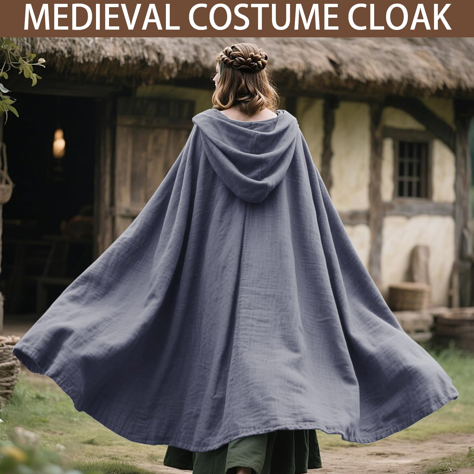 Mantello medievale in lino, mantello con cappuccio, mantello rinascimentale, abbigliamento unisex, Halloween, Carnevale, Medievale, Cappotto con cappuccio (grigio)