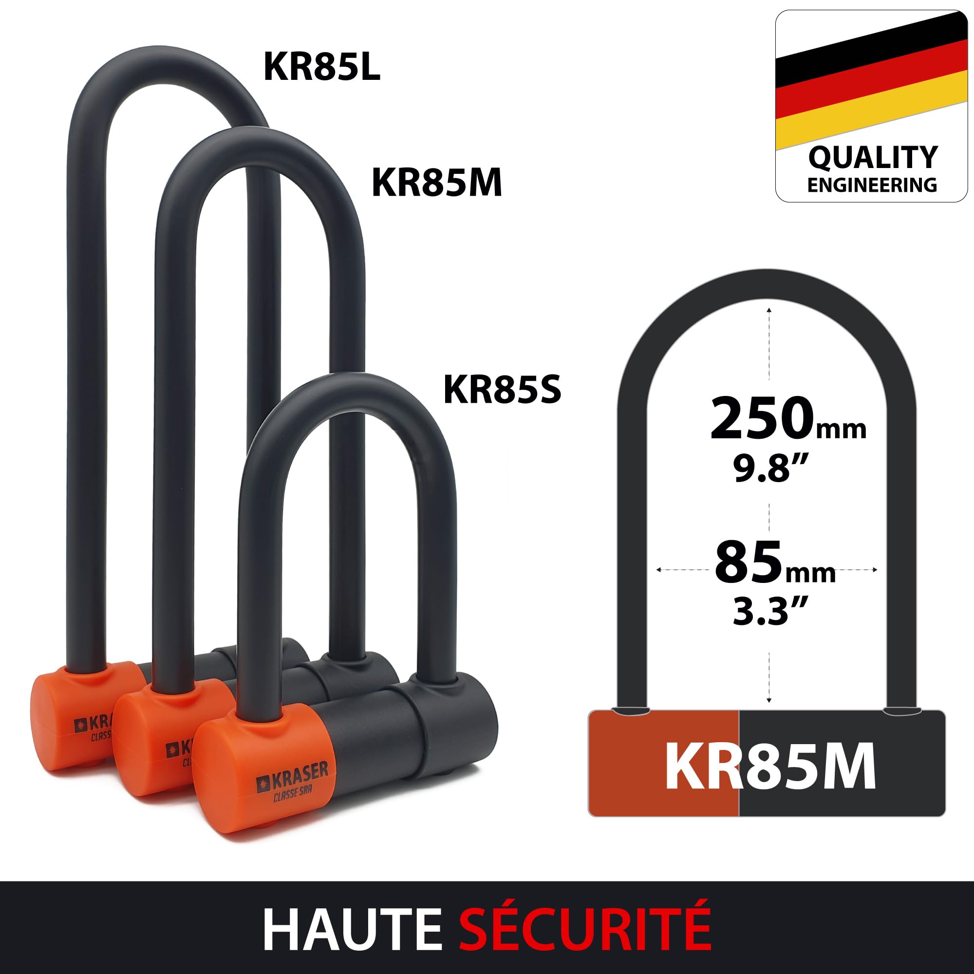 KRASER KR85M Anti-Diebstahl Motorrad Fahrradschloss Bügelschloss Vorhängeschloss U Homologiert SRA-Schloss Sicherheit Solides Schloss 85x250 Ø18 Diebstahlsicherung Motorräder Motorroller Fahrrad