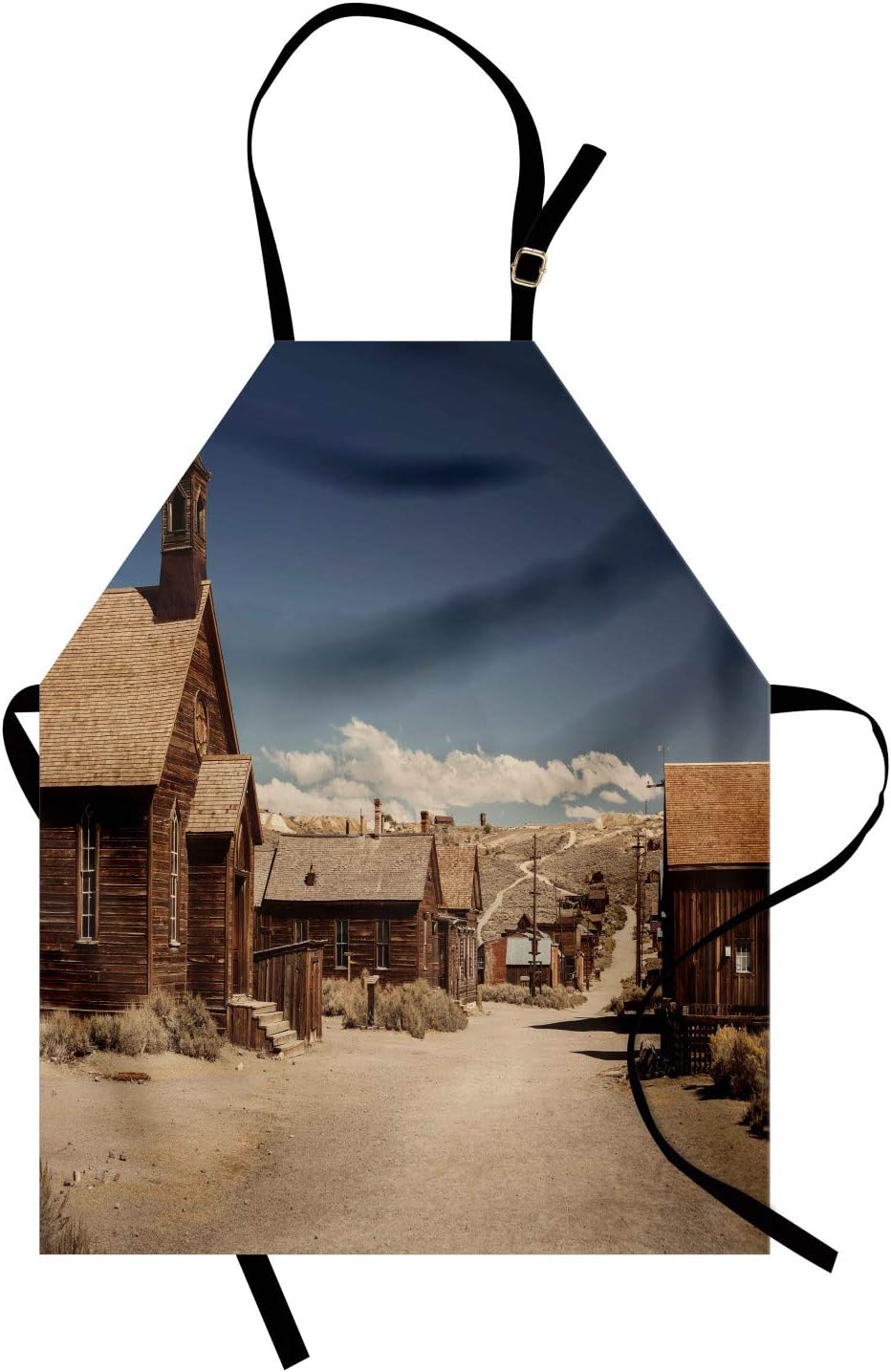 Lunarable Scenery Apron, Old Looking Empty Streets Abandoned Ghost Town Bodie in California USA, Unisex Kitchen Bib with Adjustable Neck for Cooking Gardening, Adult Size, Sand Brown Blue and Tan