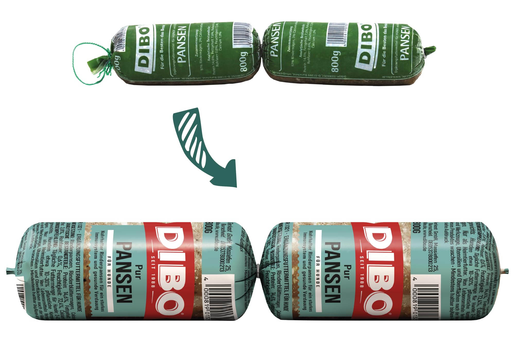 DIBO Tiefkühlwurst Pansen, 14 x 800g, Tiefkühlfutter, gesunde, natürliche Ernährung für Hunde, Hundefutter, Barf, B.A.R.F.